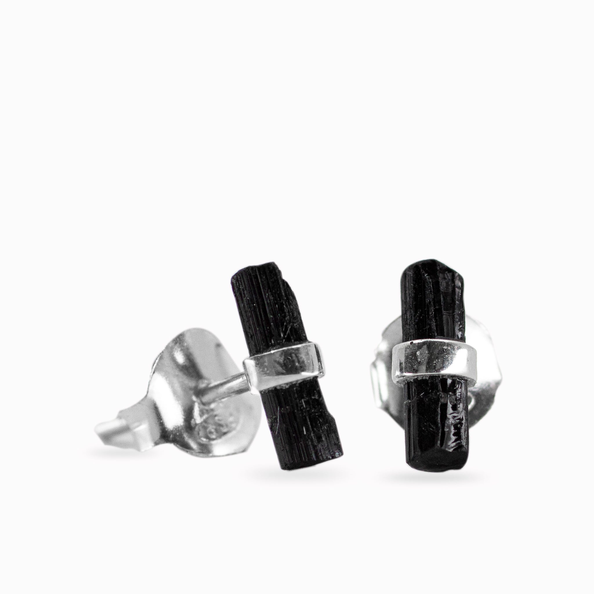 black tourmaline rough pencil stud earrings