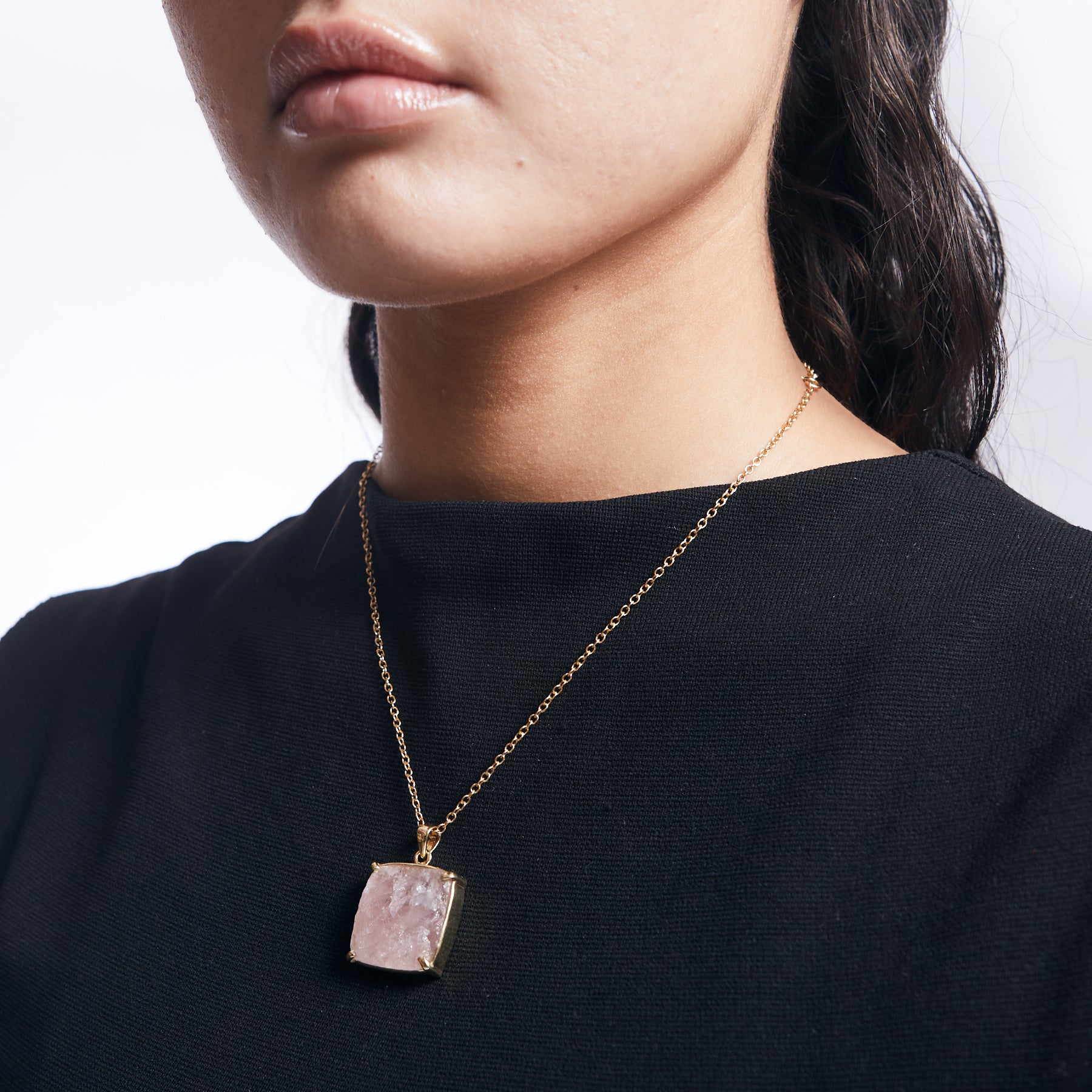 rose quartz square claw bezel rough vermeil pendant on model