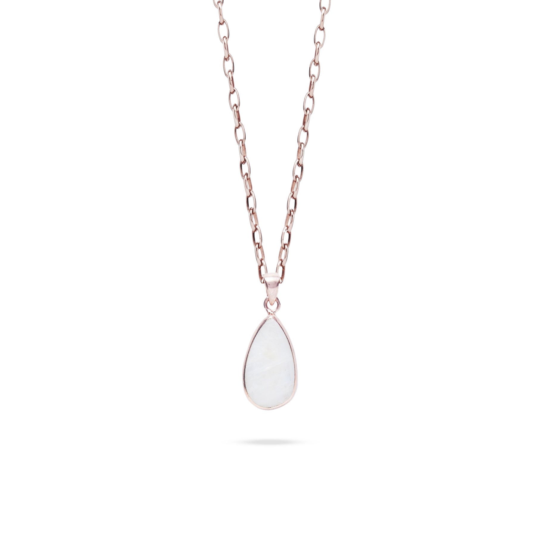Rainbow moonstone teardrop pendant with rose gold bezel