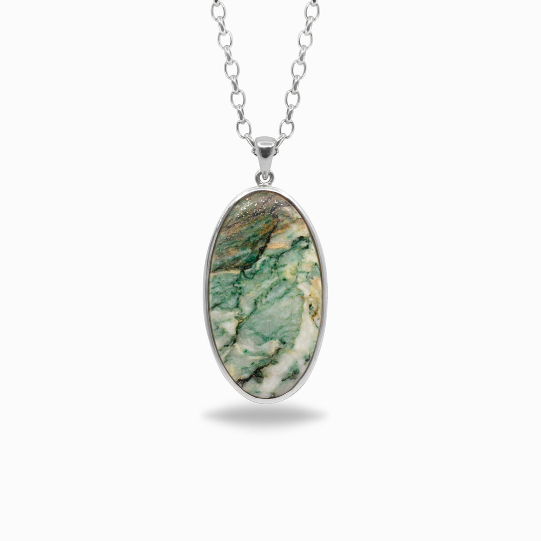Necklace with a green and white marbled pendant on a white background