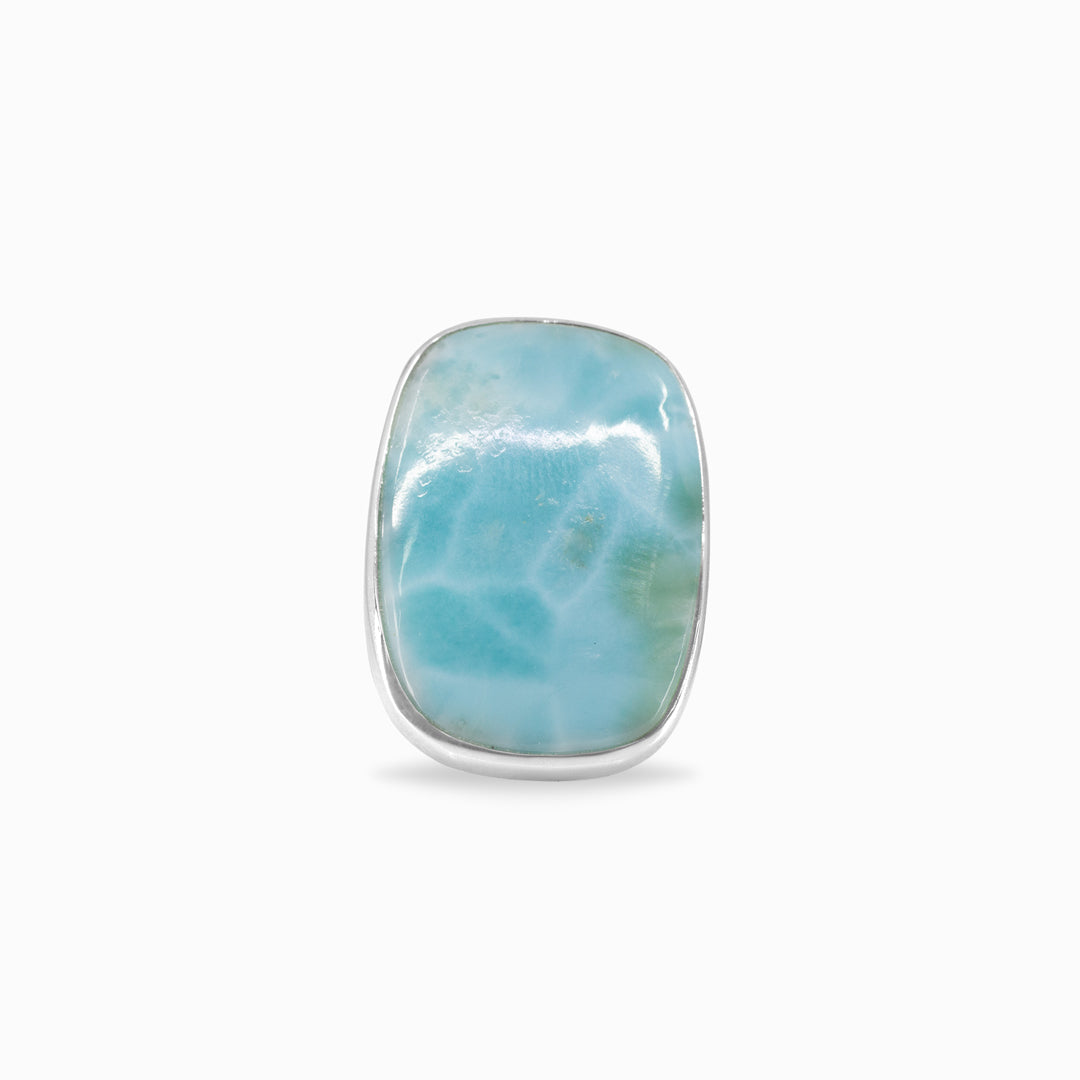 Silver ring with a light blue gemstone on a white background.