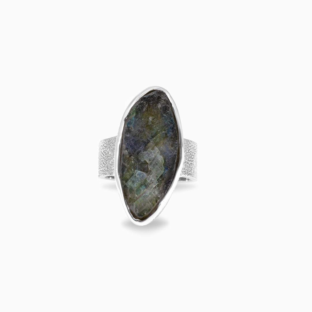 Silver ring with a large, dark stone on a white background