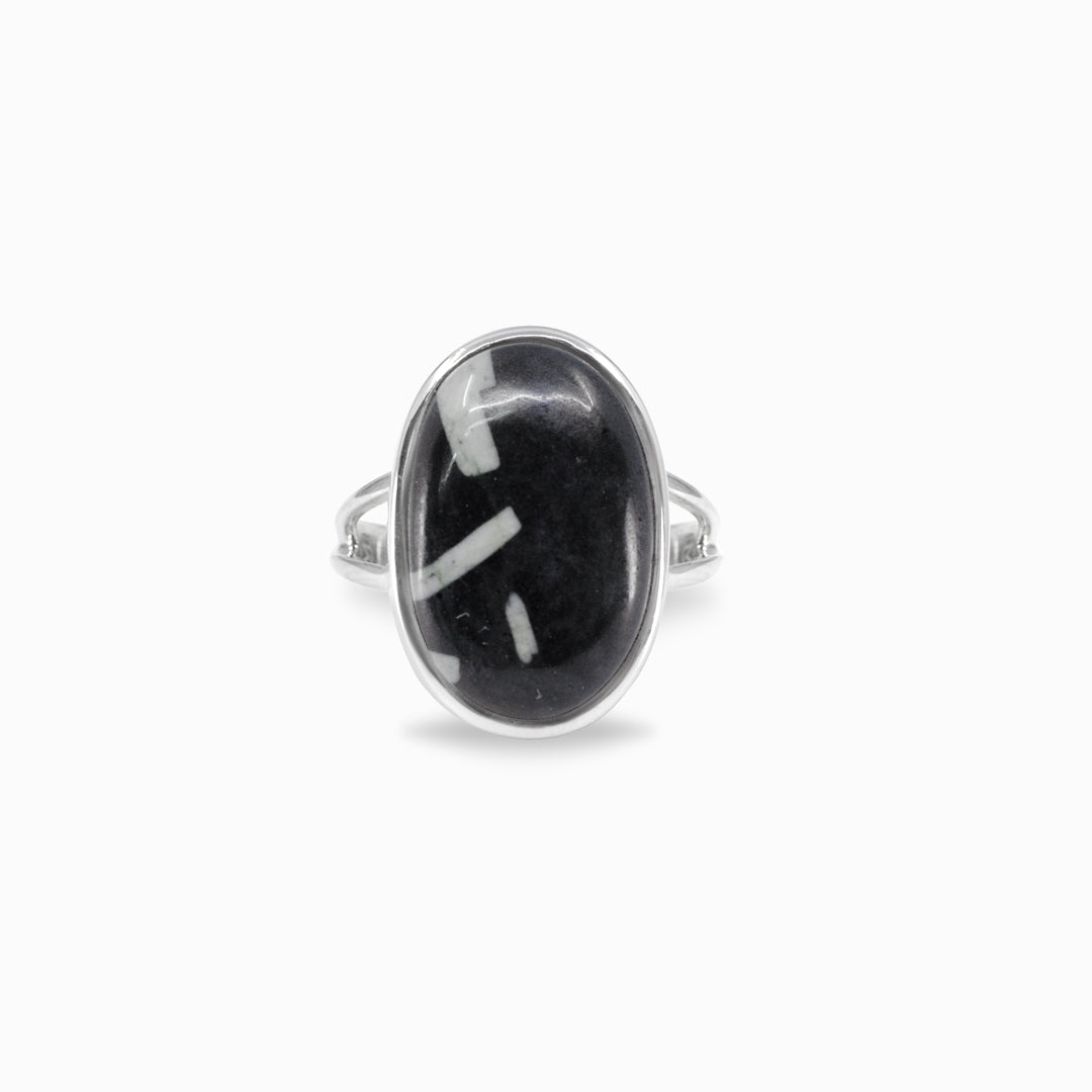Silver ring with a black oval stone on a white background