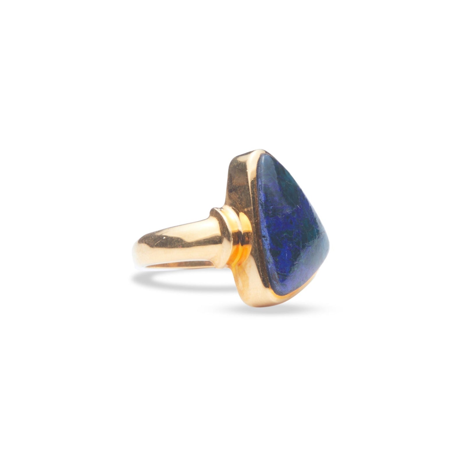 Azurite cabochon freeform vermeil ring with shoulder band side angle