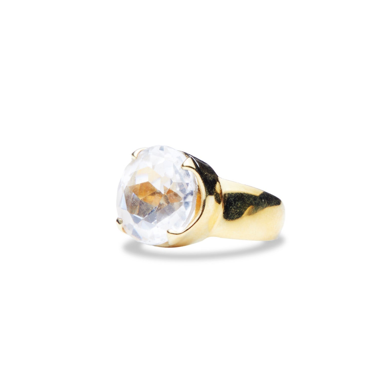 Clear Quartz round faceted vermeil ring with claw bezel side angle