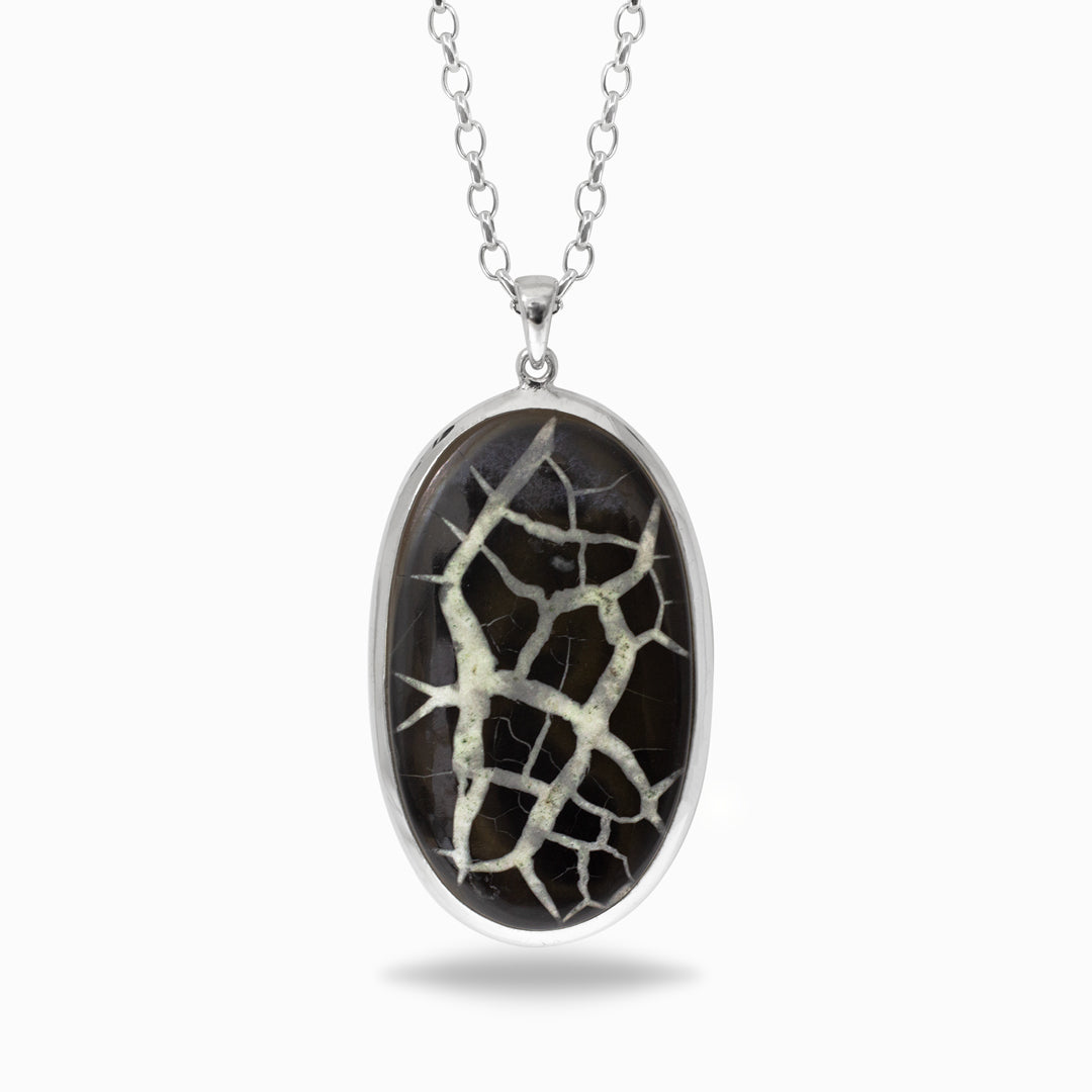 Silver necklace with an oval brown pendant on a white background