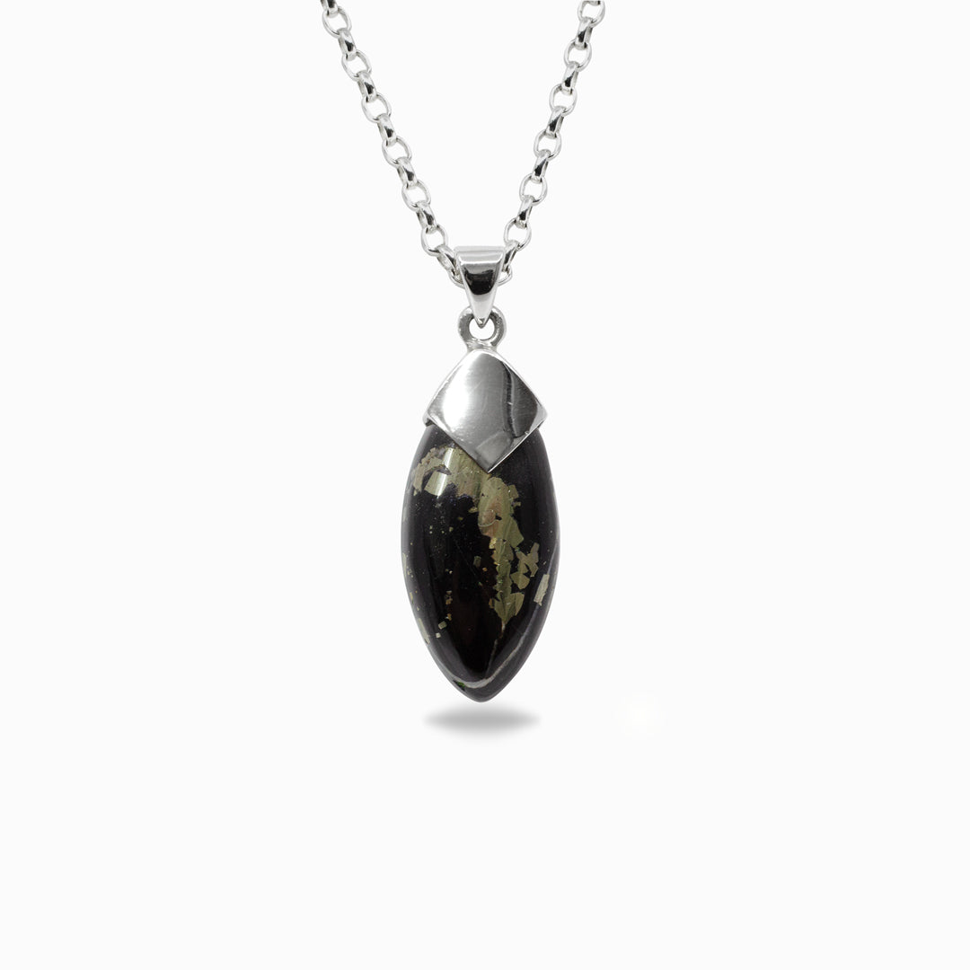 Silver necklace with a pendant featuring a black stone on a white background