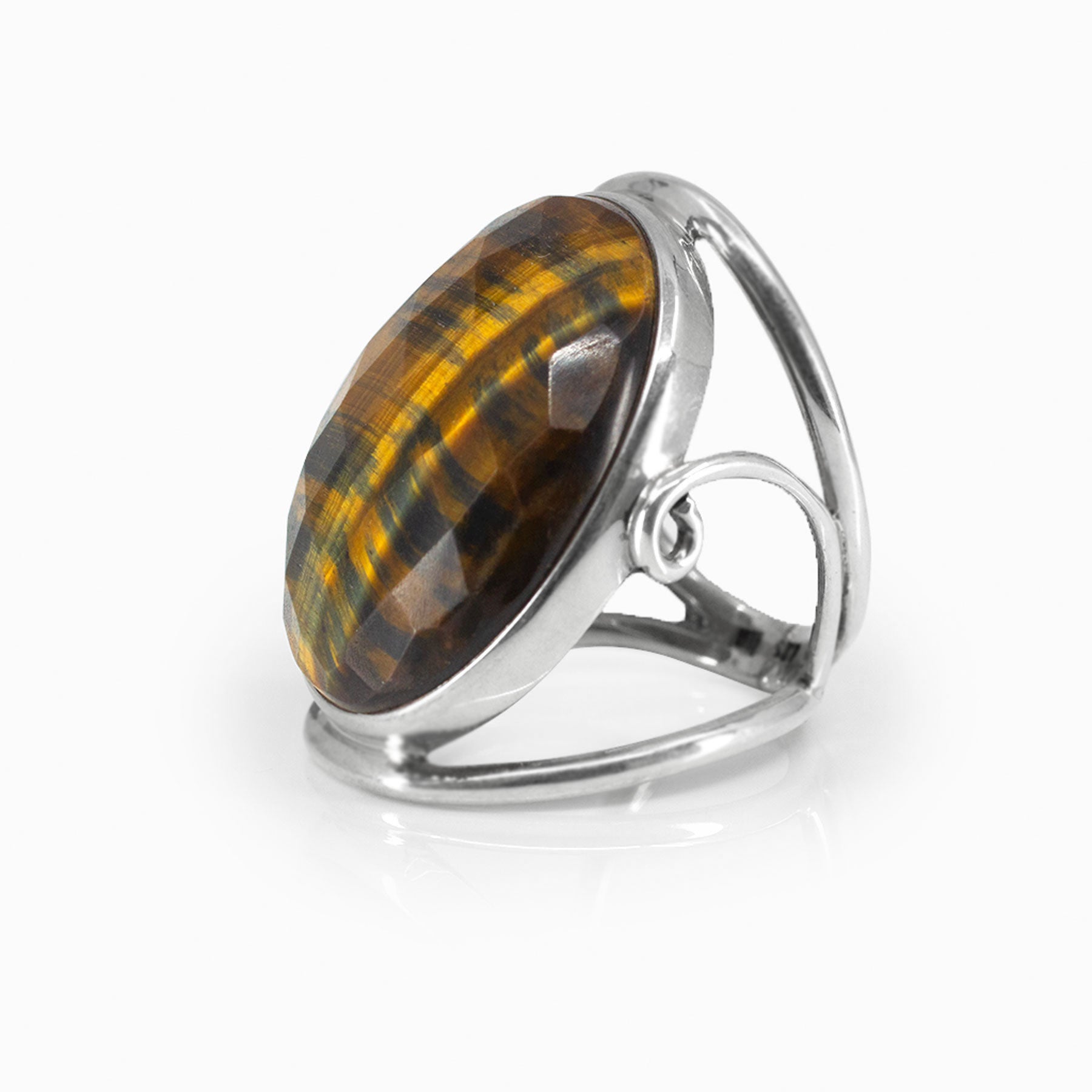 Silver ring with Tiger Eye stone on a white background.