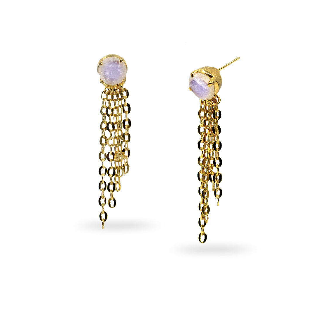 Golden chain earrings with round white gemstones on a white background
