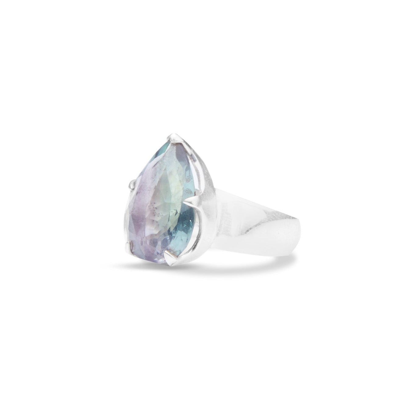 fluorite teardrop ring with thick band and claw bezel side angle