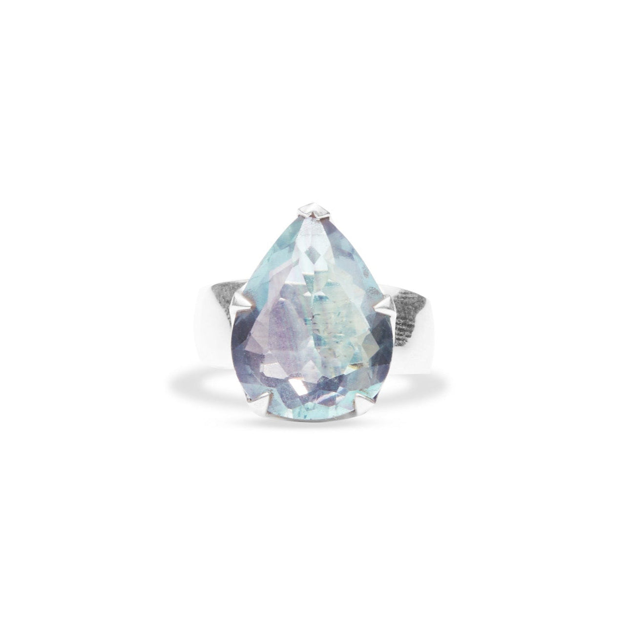 fluorite teardrop ring with thick band and claw bezel front angle
