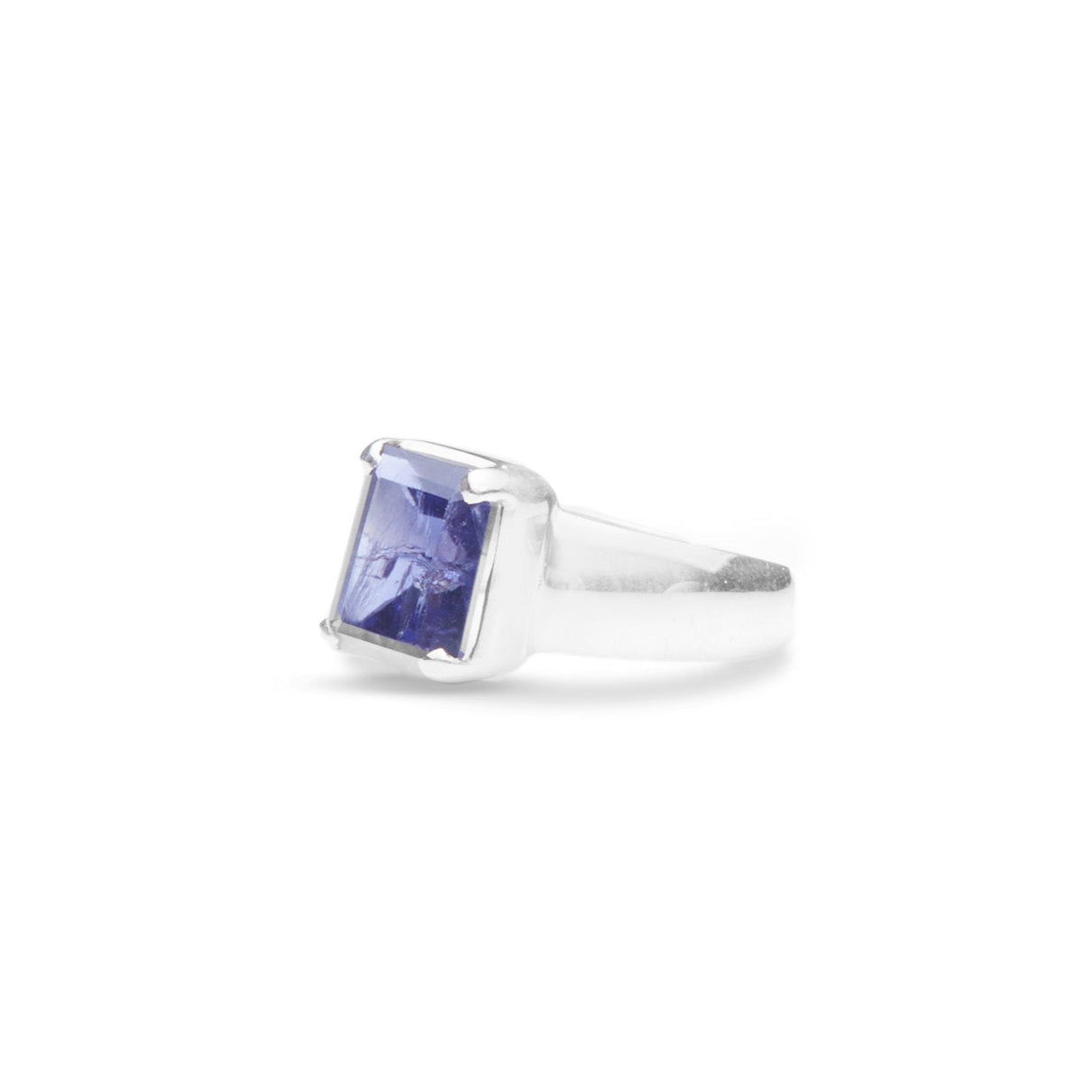 Iolite faceted rectangle claw ring witht thick band side angle