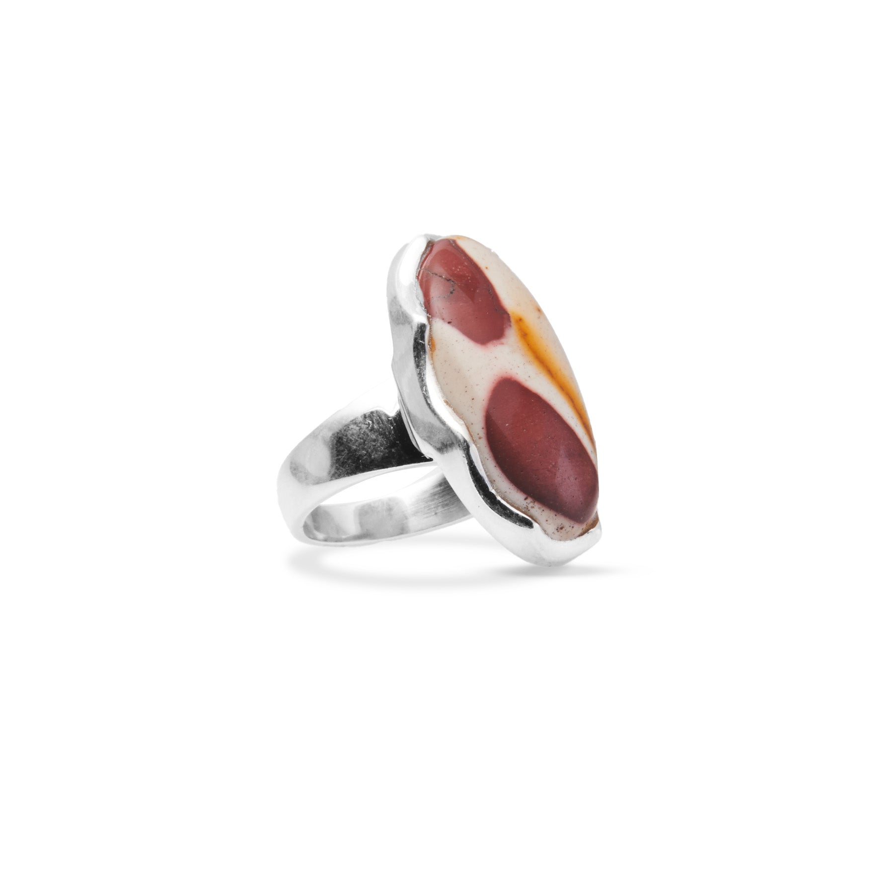 Mookaite oval cabochon ring with wave bezel