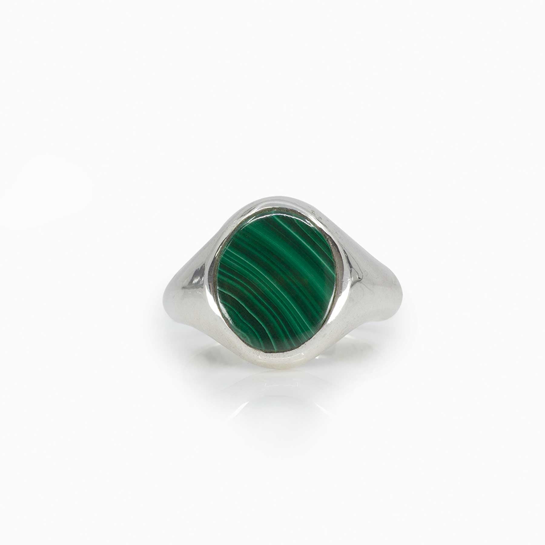 Silver ring with a green stone on a white background