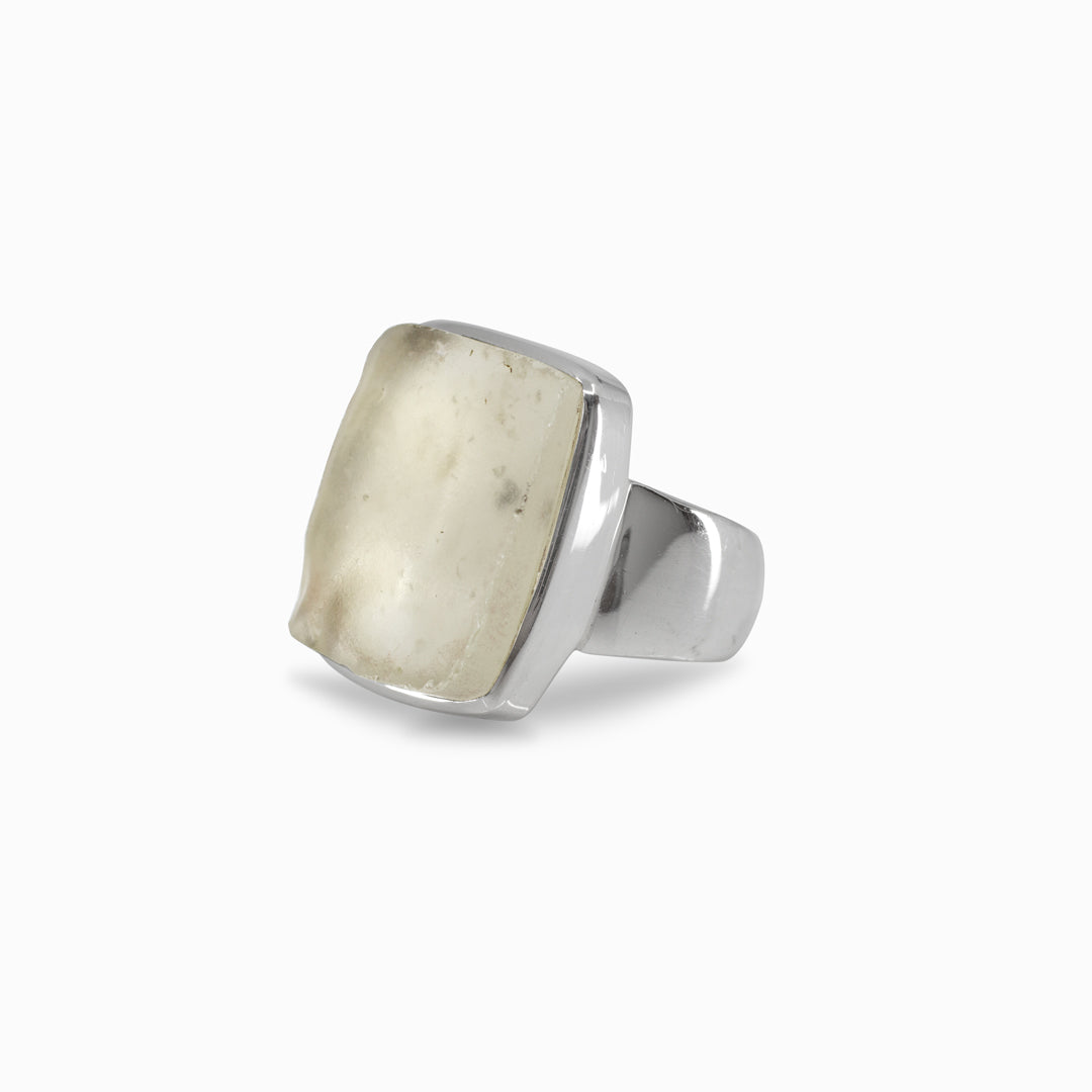 Silver ring with a sheer stone on a white background