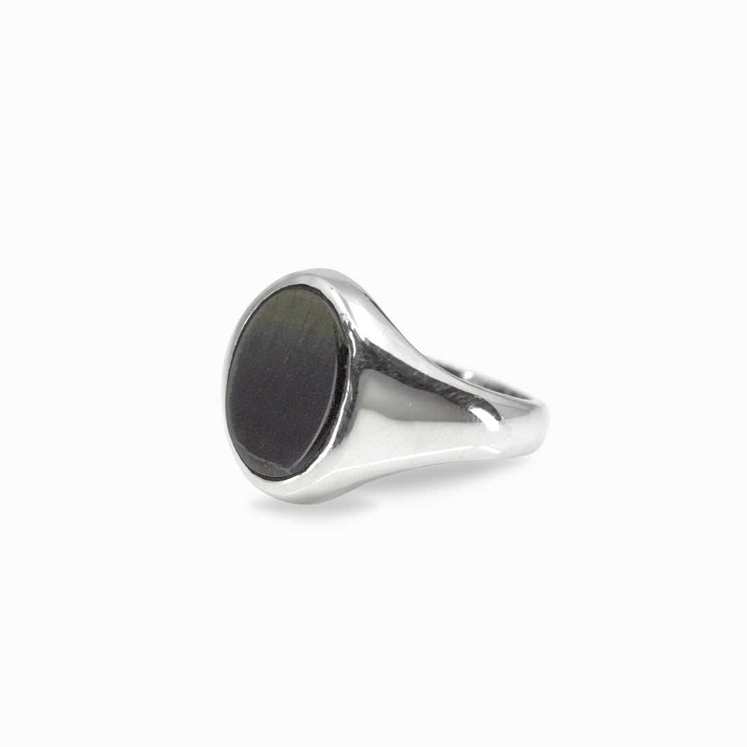 Silver ring with a dark stone on a white background