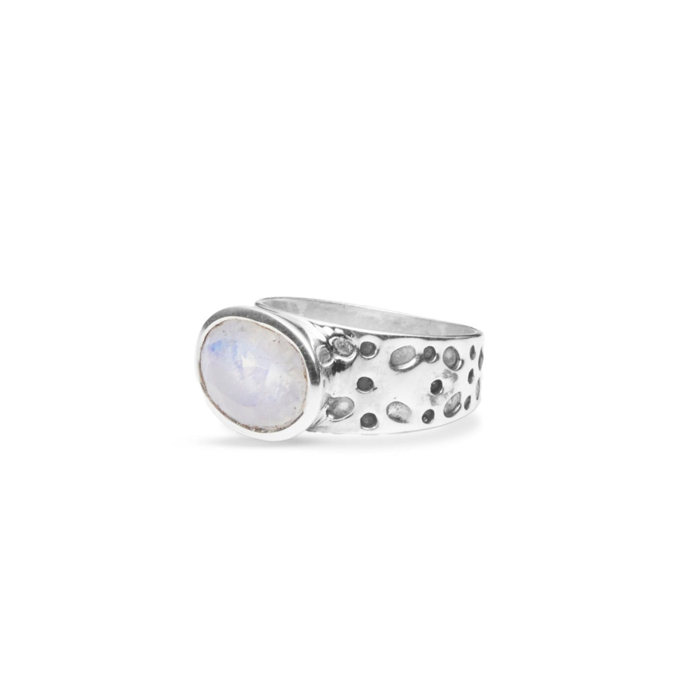 Rainbow Moonstone oval faceted bezel set ring with dot textured band side angle