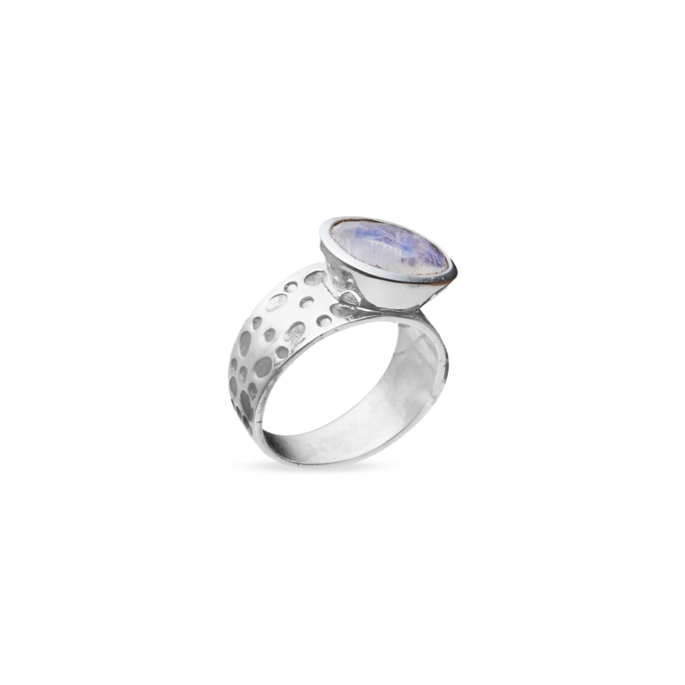 Rainbow Moonstone oval faceted bezel set ring with dot textured band under side