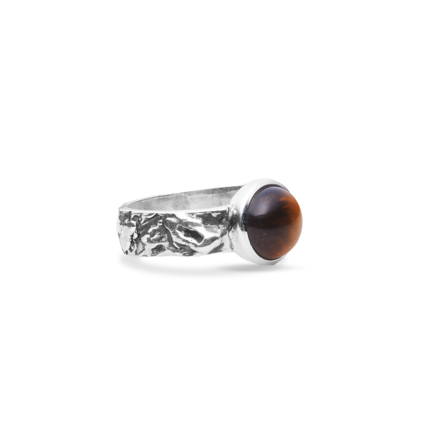 Tiger Eye round cabochon ring with thick textured band side angle