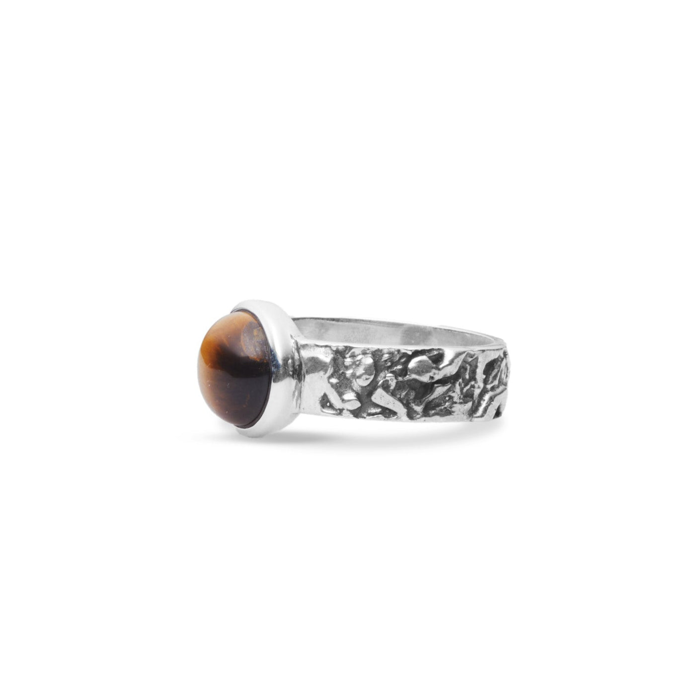 Tiger Eye round cabochon ring with thick textured band side angle