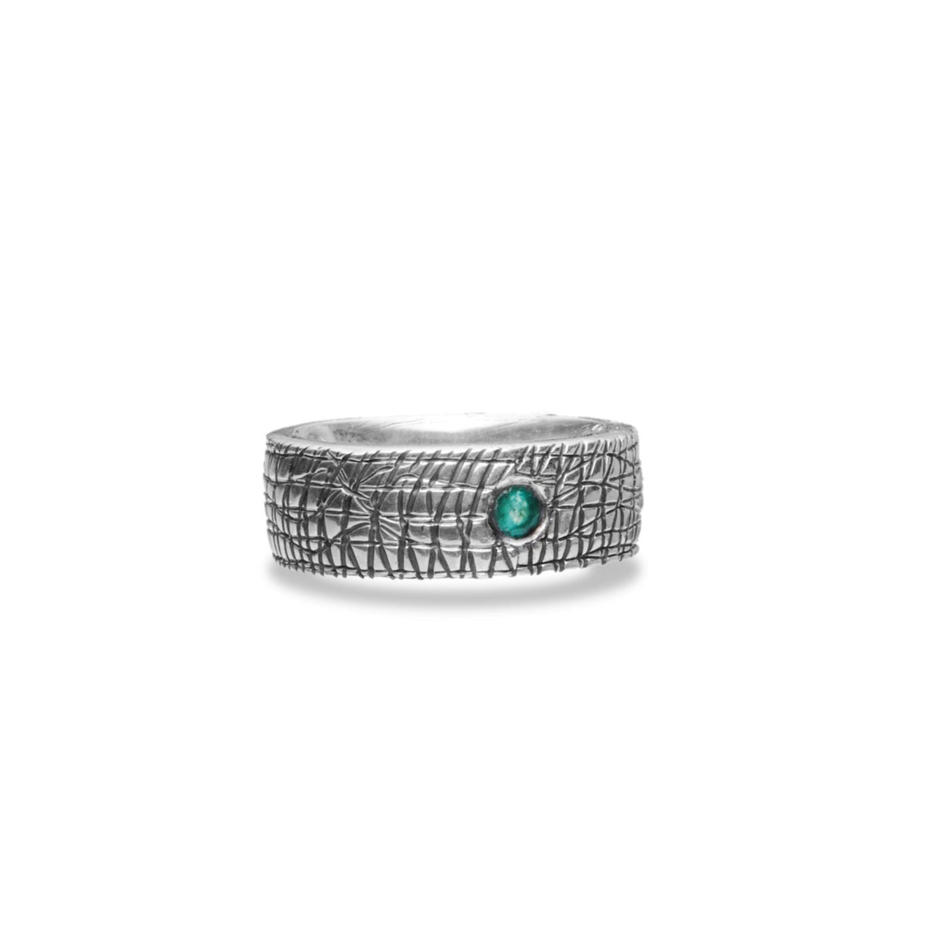 Emerald and sterling silver ring with thick textured band