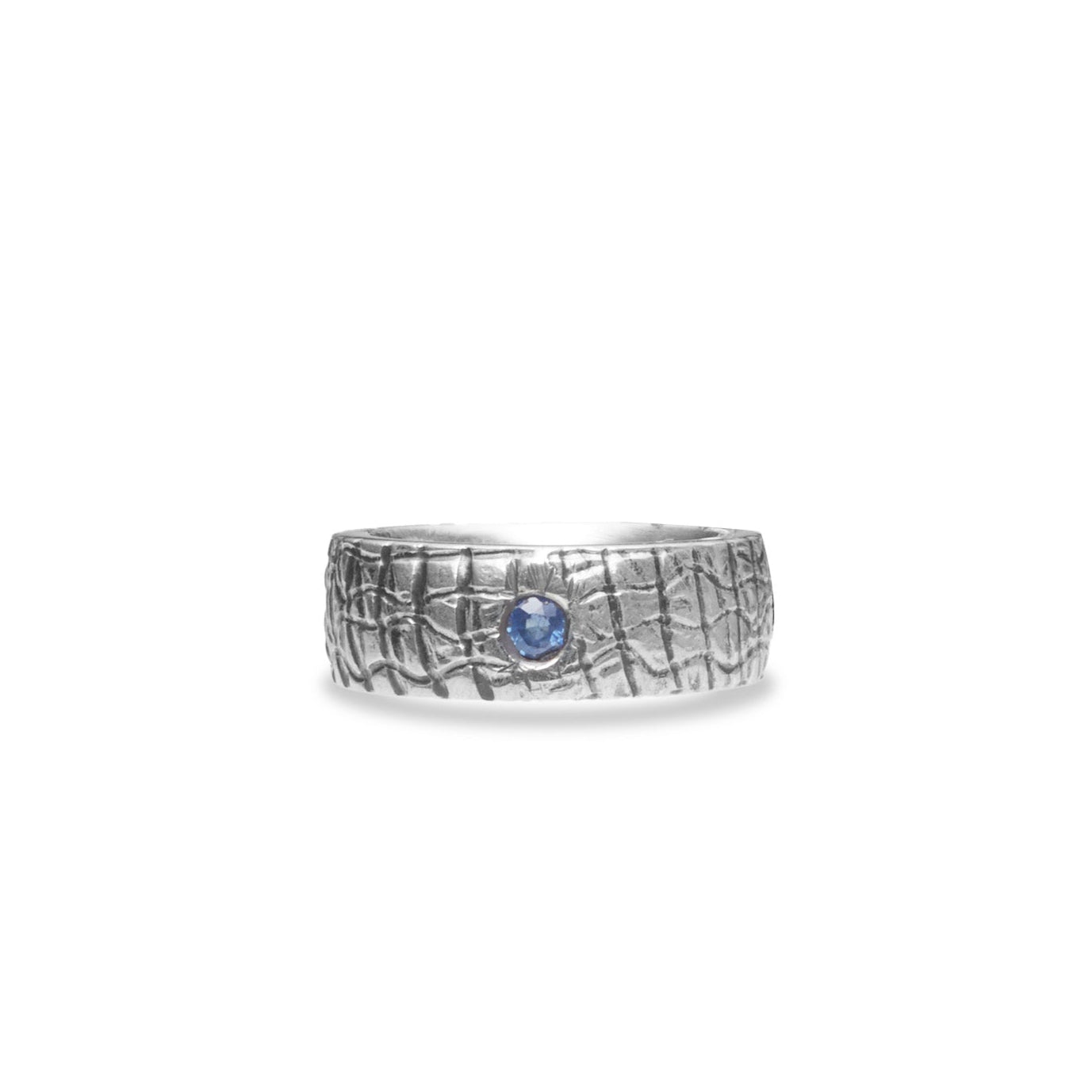 sapphire round faceted ring with thick textured band