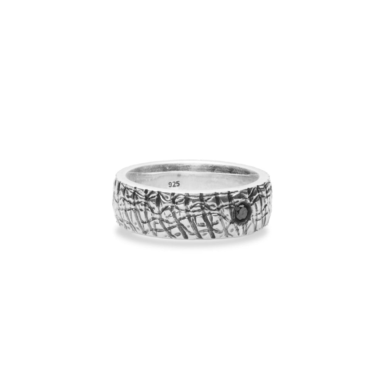 Black Diamond round faceted sterling silver ring with thick textured band side angle