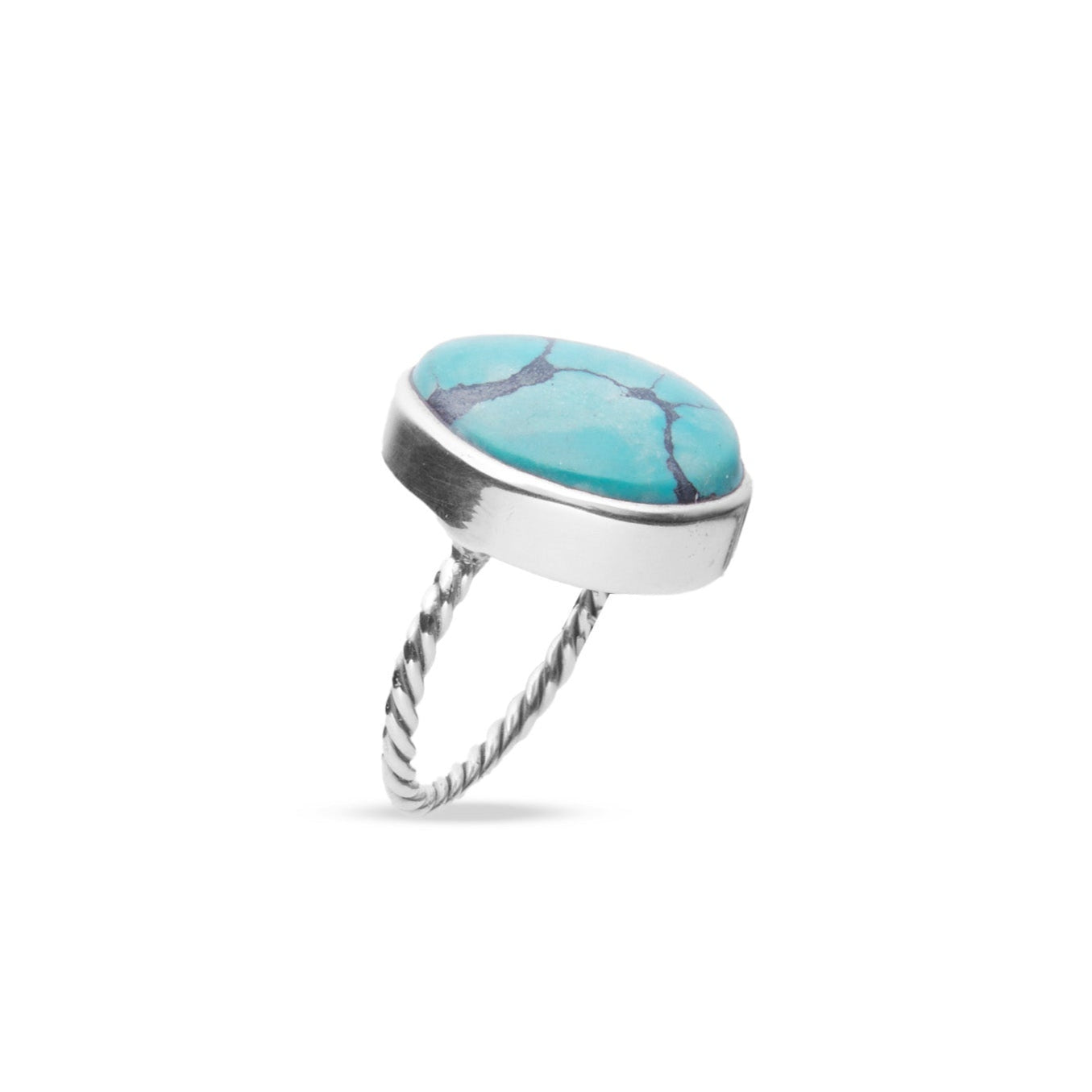 Tibetan Turquoise cabochon freeform ring with bezel setting and rope band