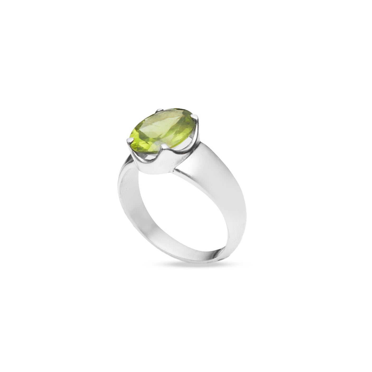 Peridot oval faceted ring with claw setting and thick a-line band under side