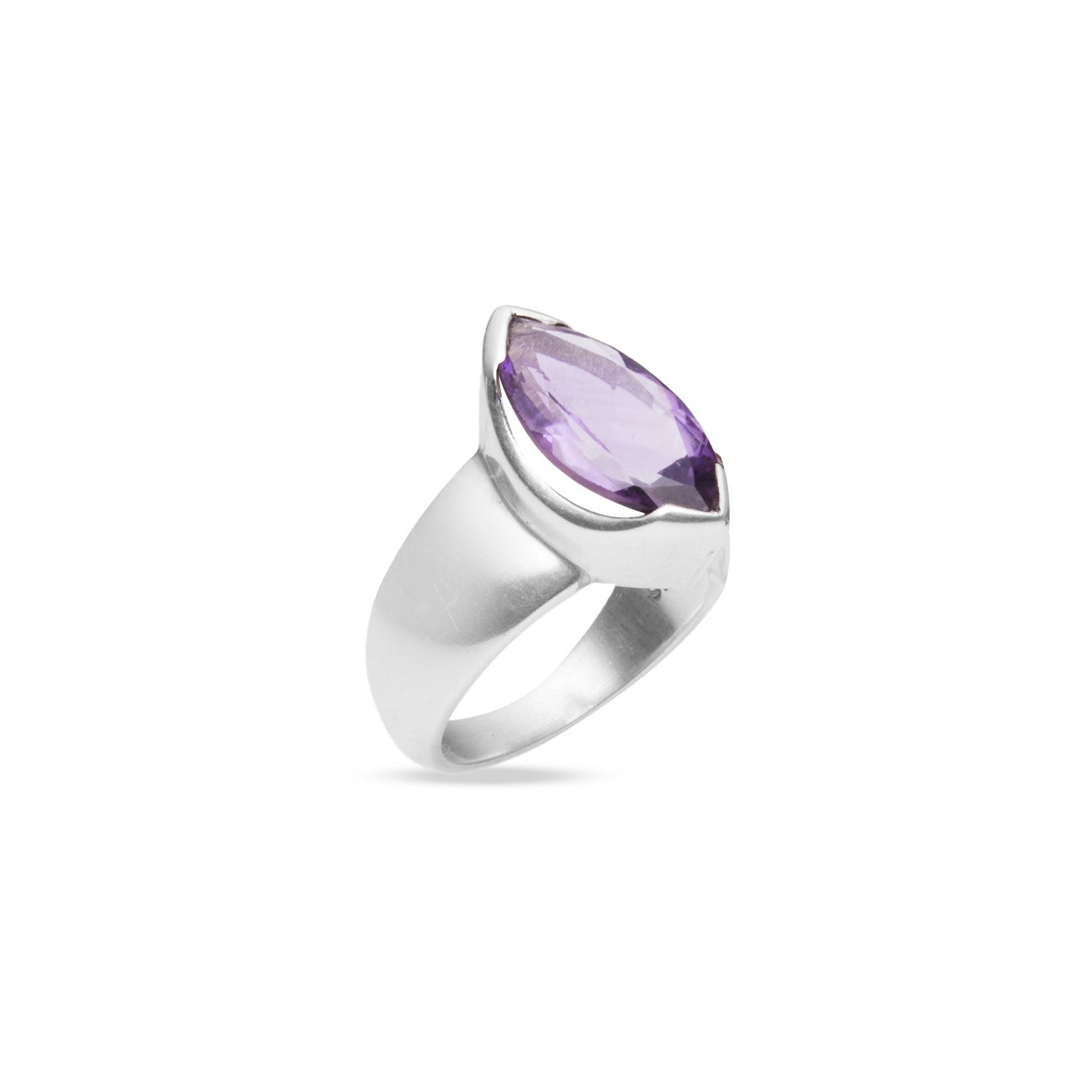 Amethyst marquise faceted ring with clamp bezel under side