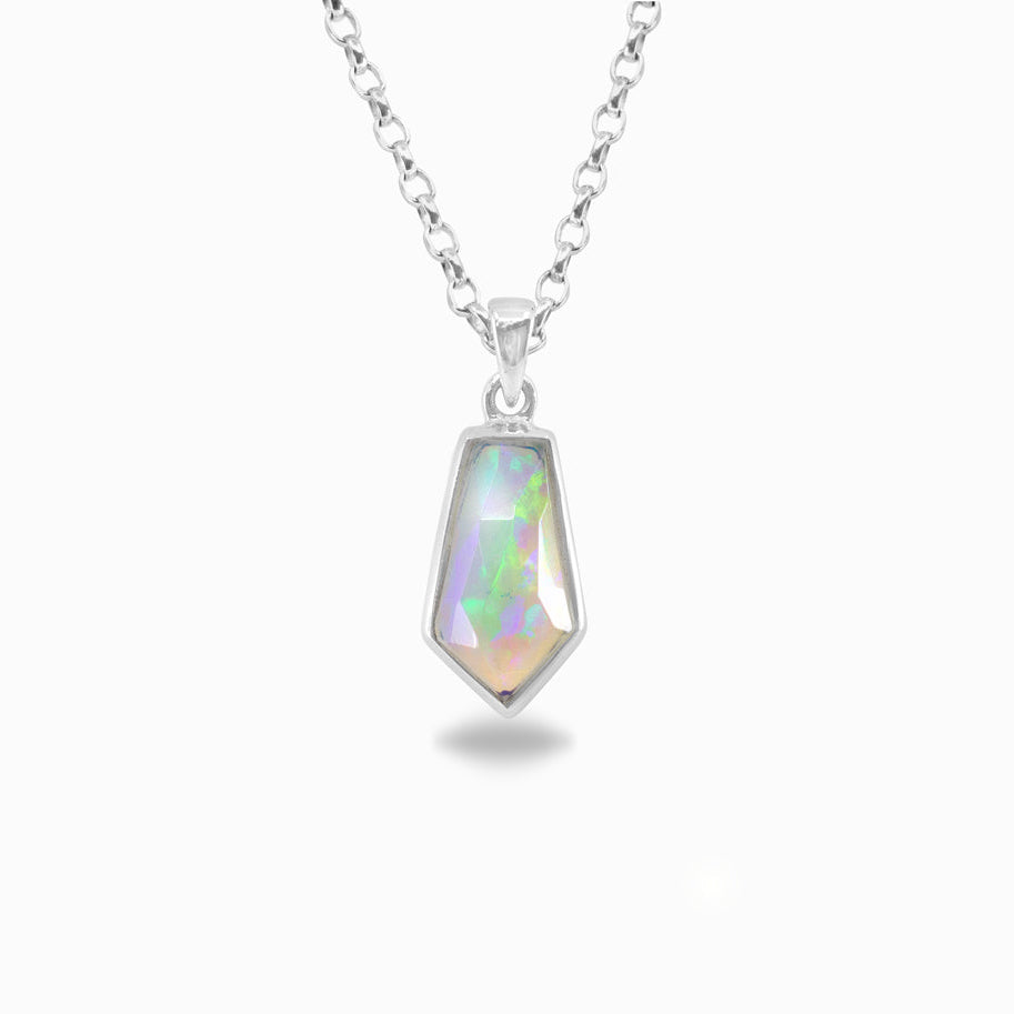 Necklace with a pendant featuring an opal stone on a white background