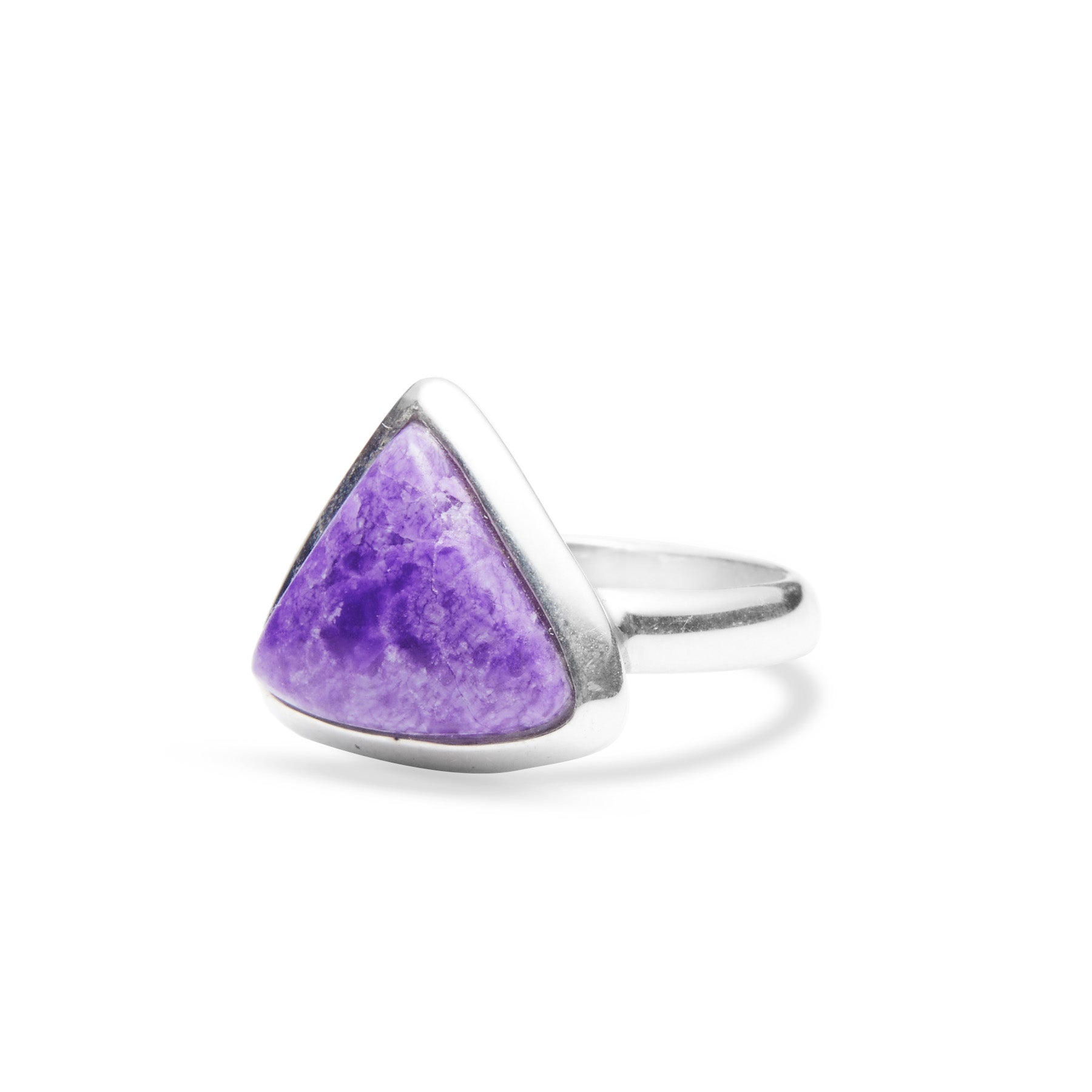 Sugilite triangle ring with sterling silver bezel side angle