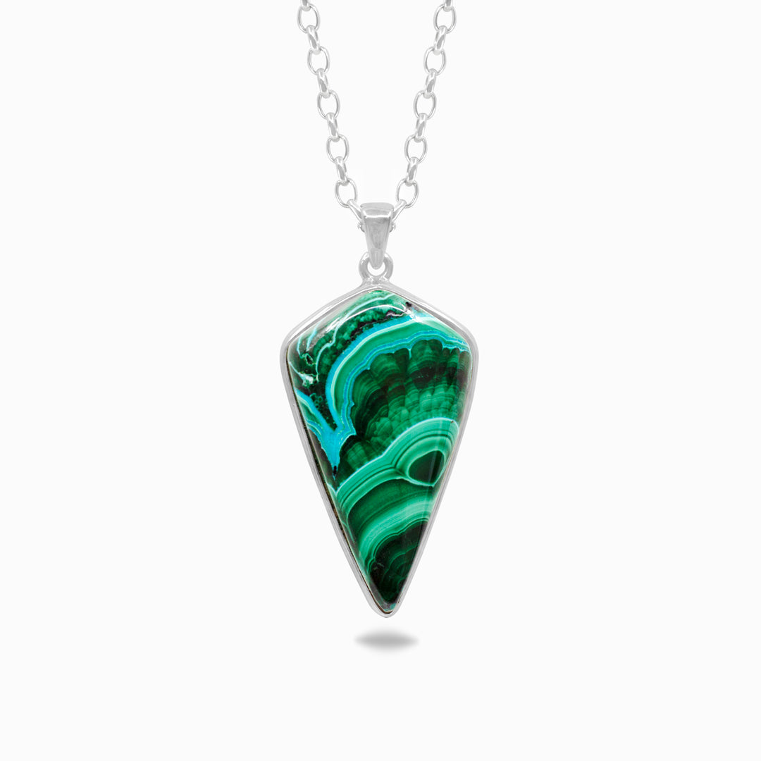 Silver necklace with a green and blue marbled pendant on a white background