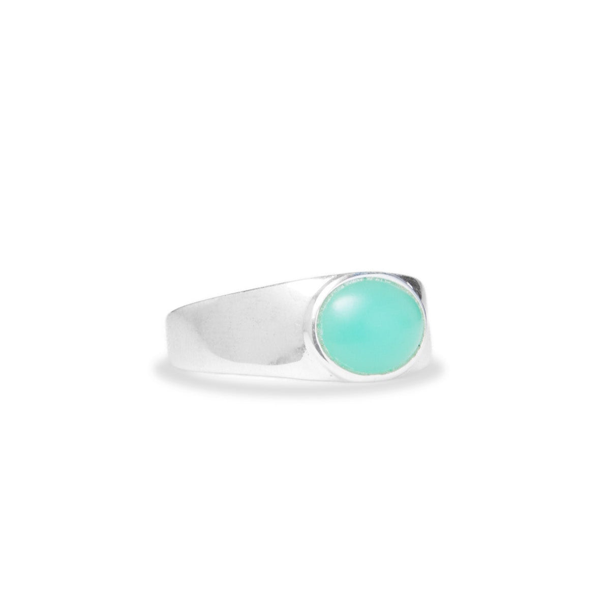 chrysoprase oval cabochon bezel set mens ring with thick band