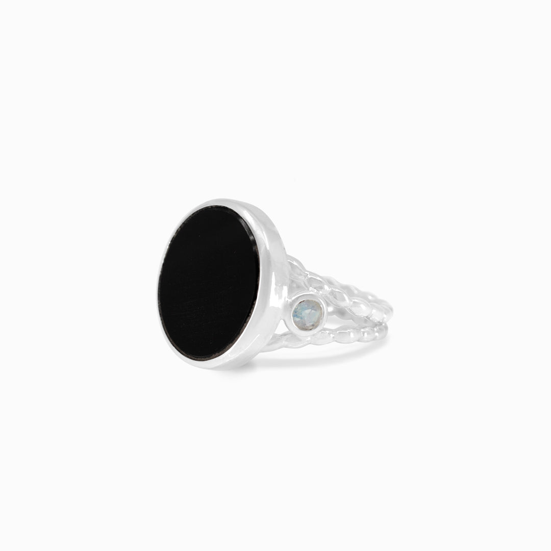 Black Onyx and Rainbow Moonstone Ring