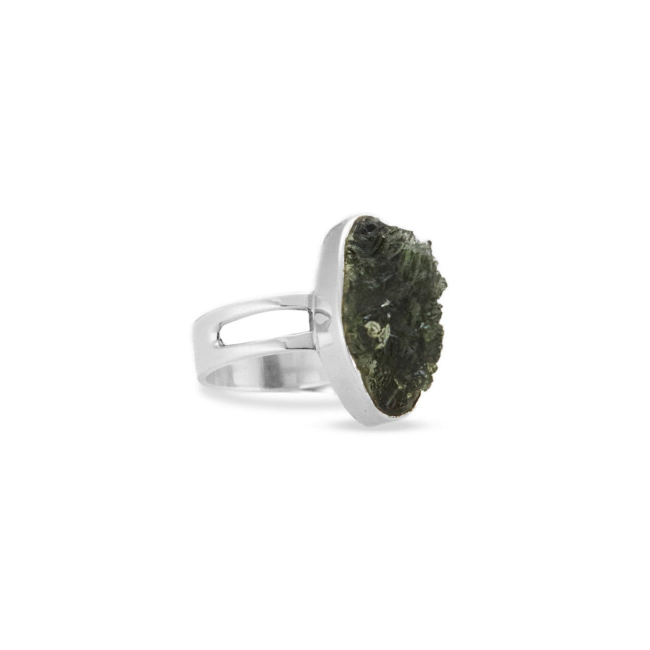 Moldavite rough freeform bezel Ring with split band