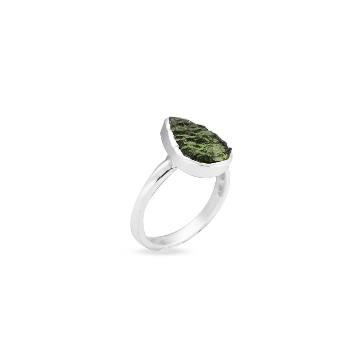 Moldavite raw teardrop bezel set Ring