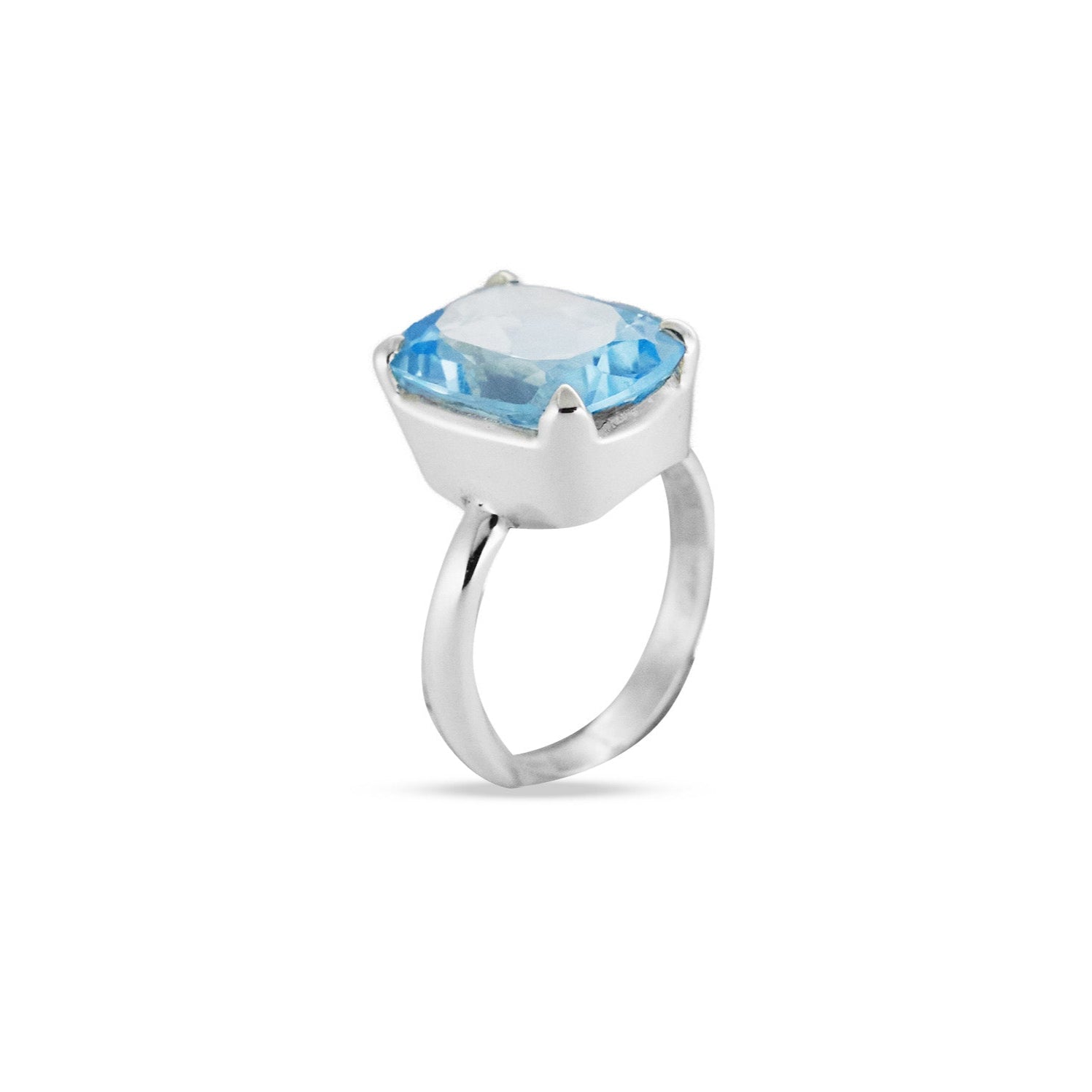 Blue Topaz cushion cut faceted claw set Ring