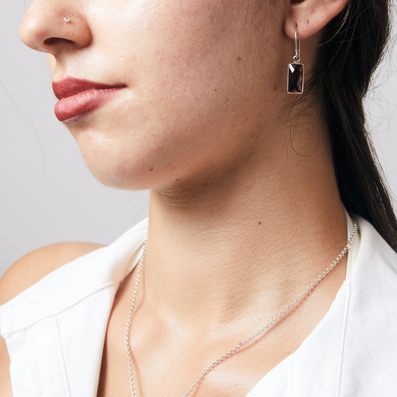 Garnet checkerboard faceted rectangle bezel set Drop Earrings