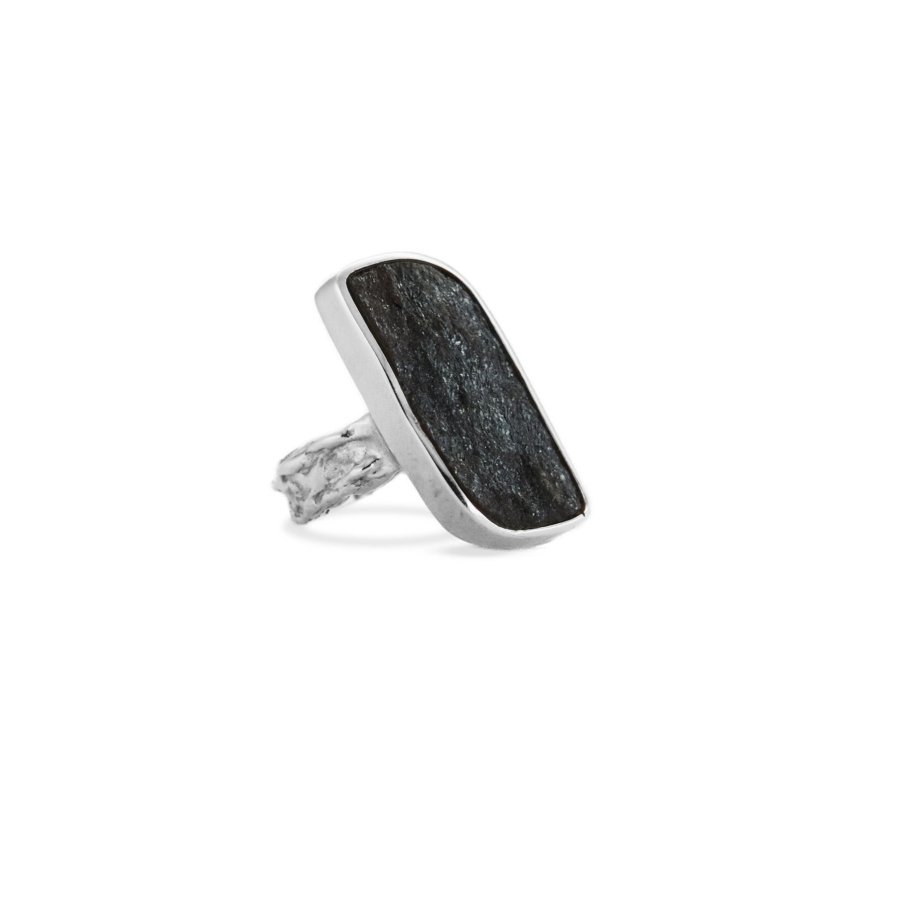 Specular Hematite rough bezel set Ring with textured band