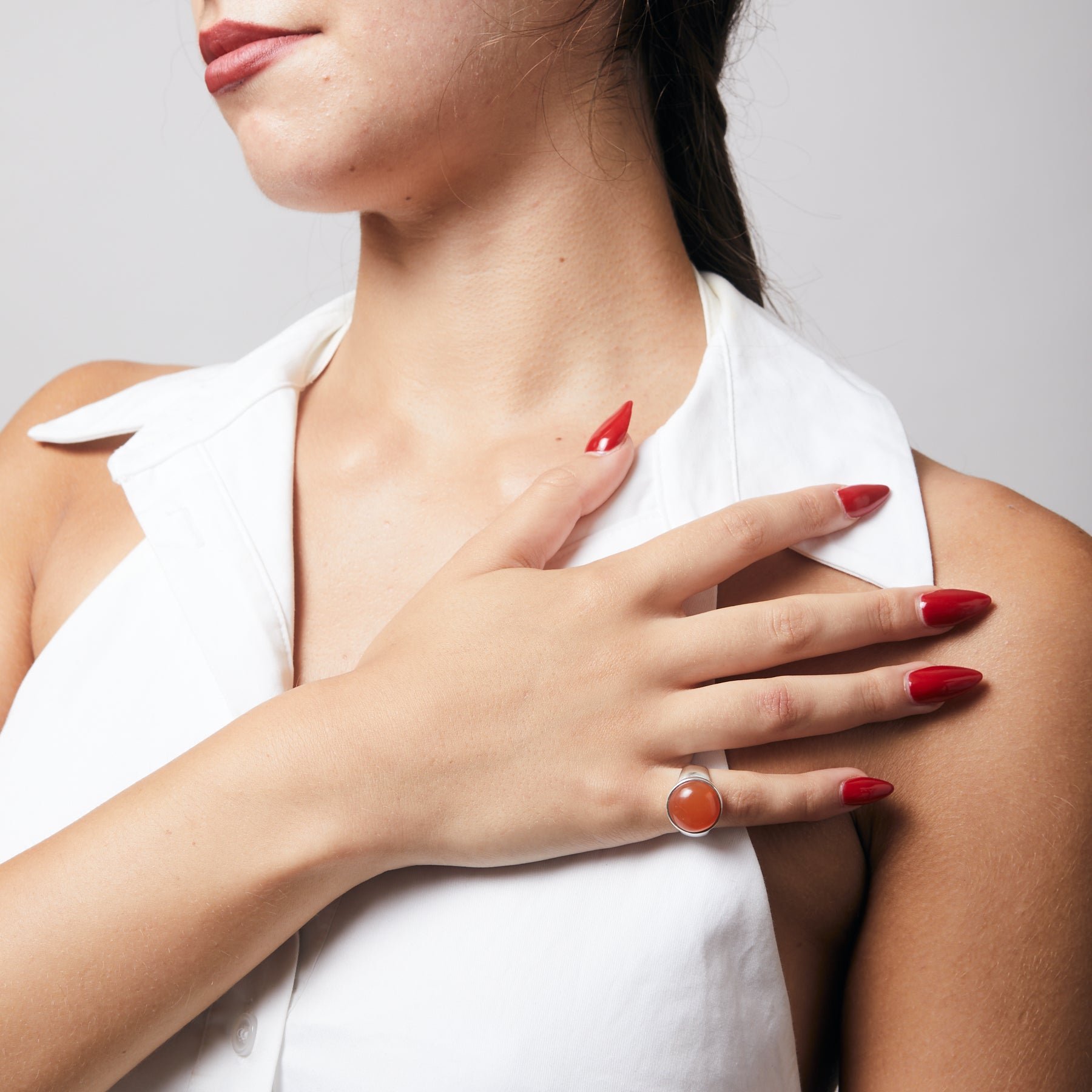 Carnelian cabochon round bezel set Ring with thick band