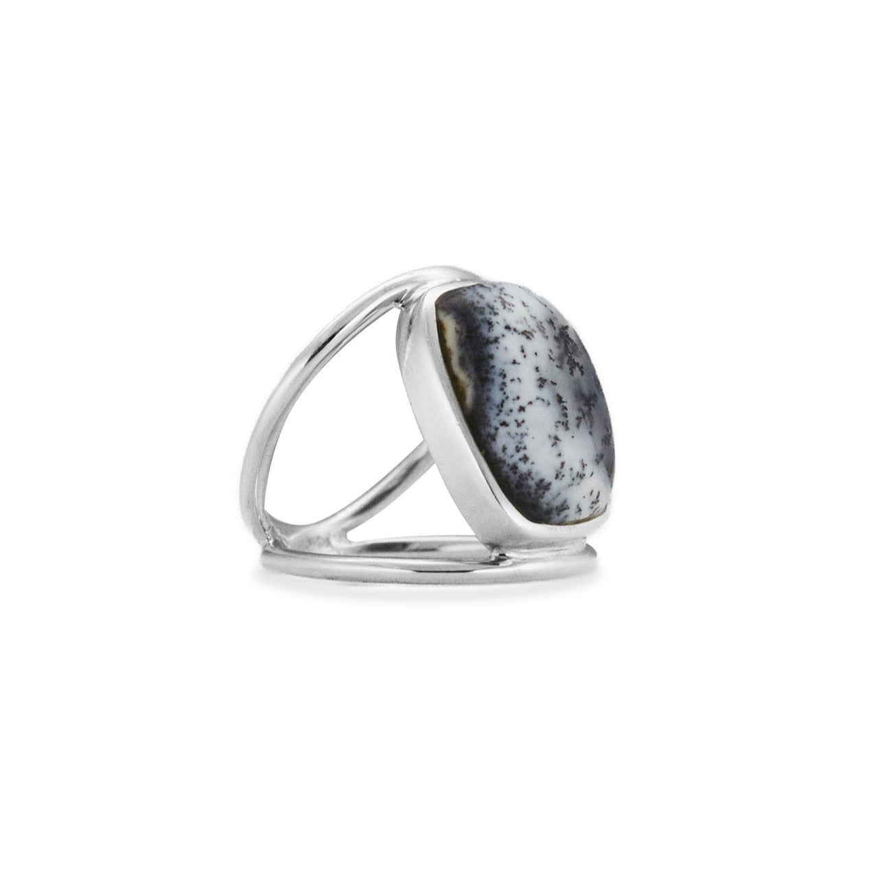 Dendritic Opal cushion cut bezel set Ring with open band
