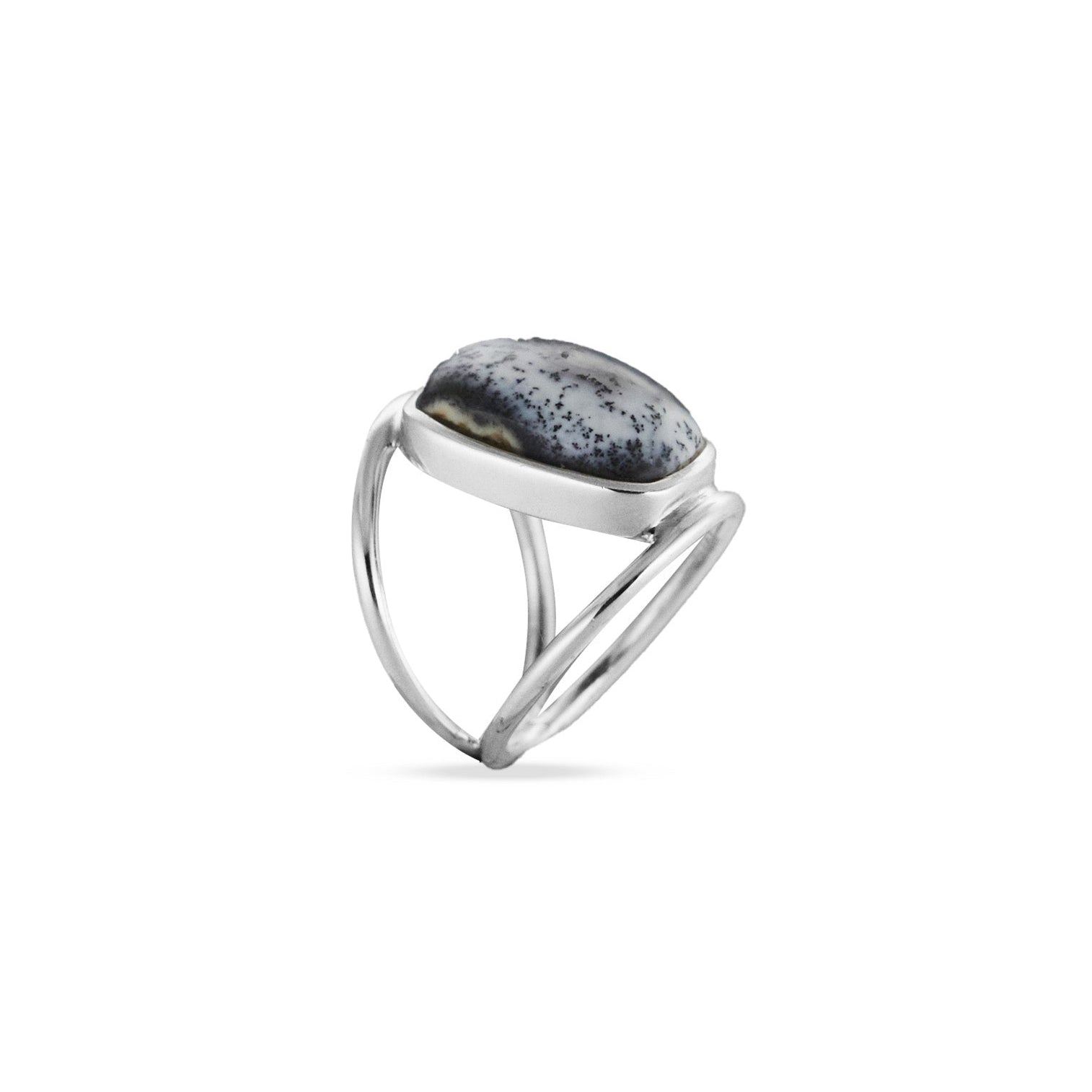 Dendritic Opal cushion cut bezel set Ring with open band