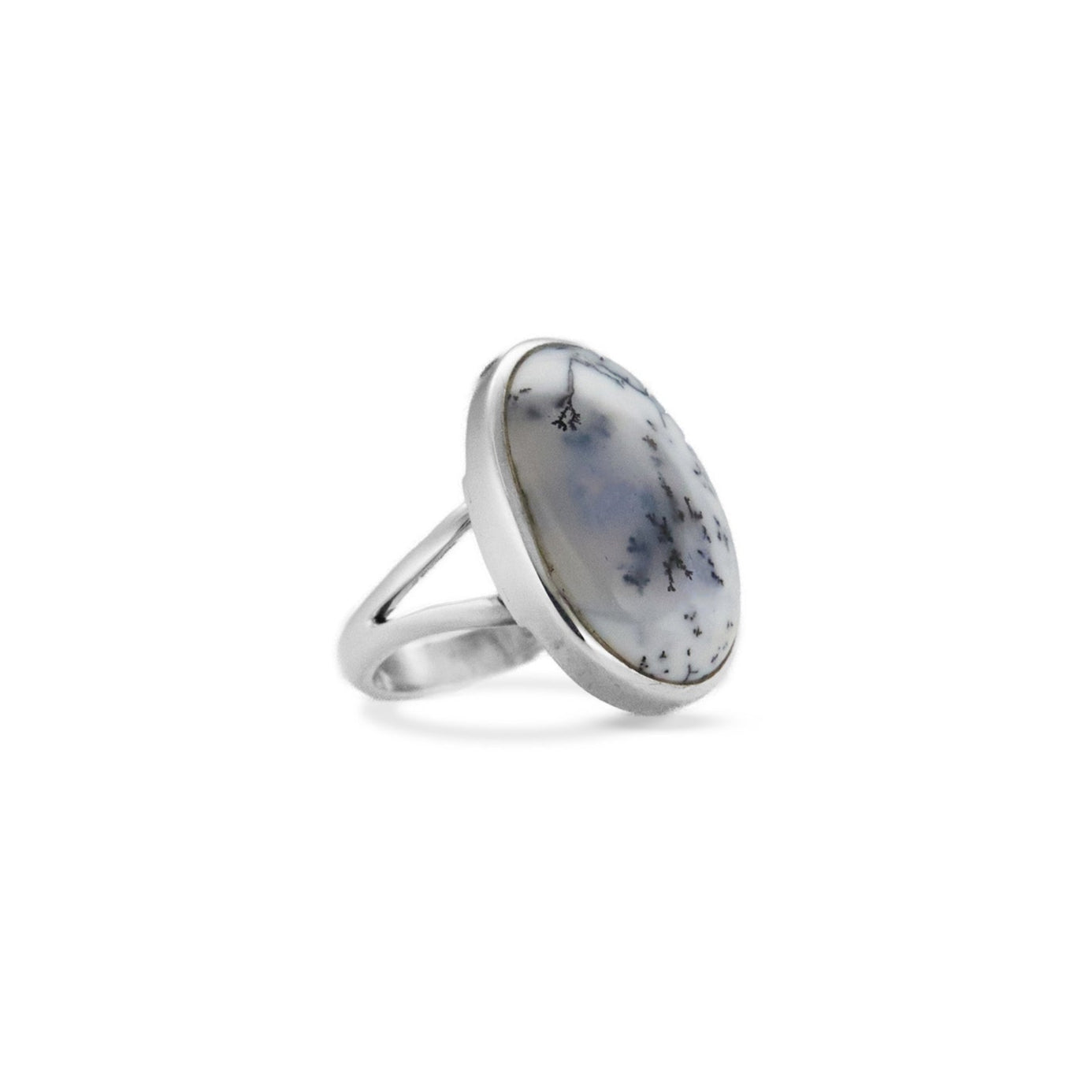 Silver ring with a circular stone on a white background