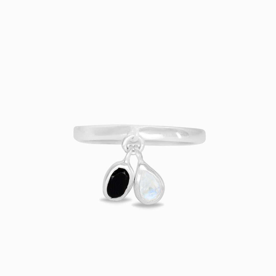 Black Onyx and Rainbow Moonstone Ring