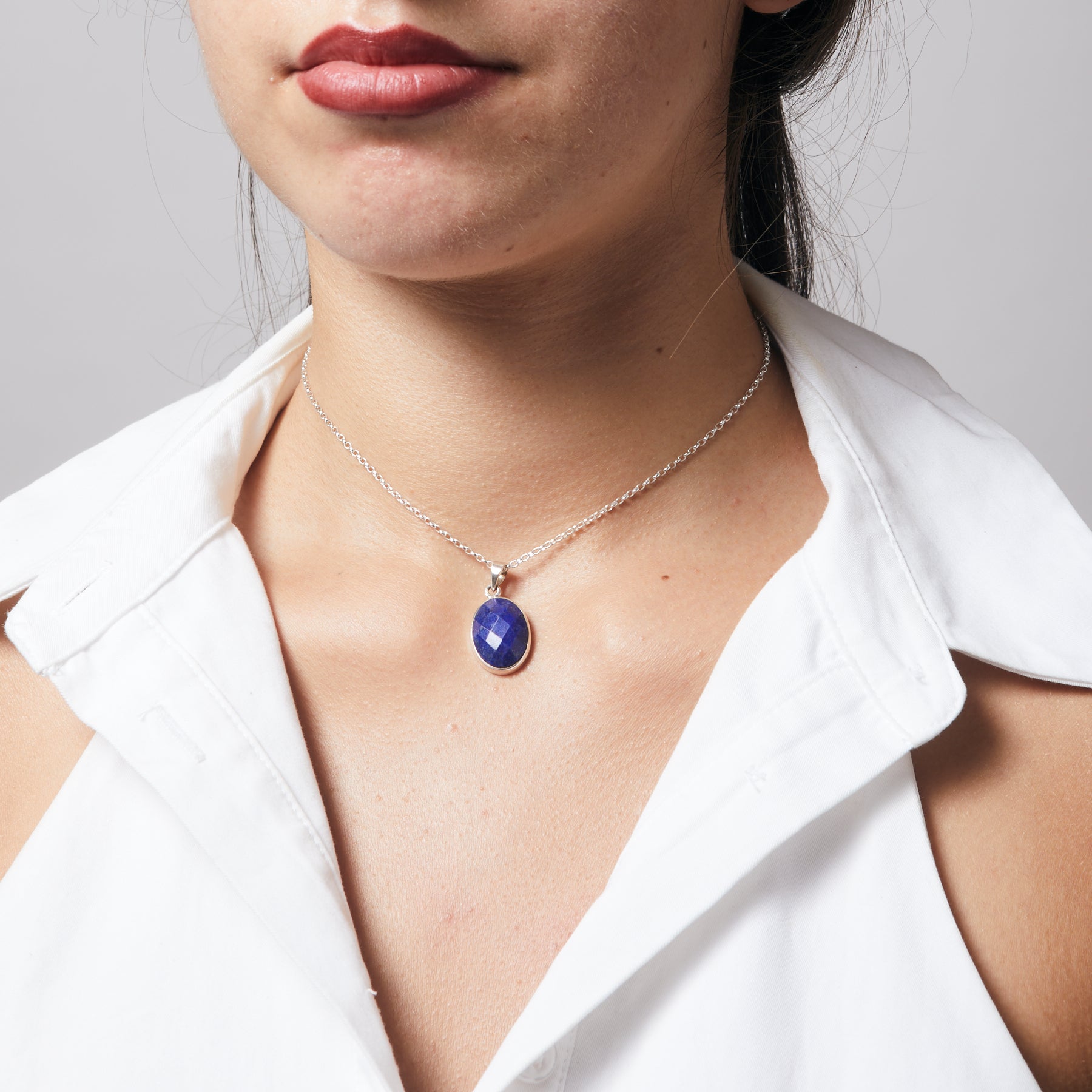 Lapis Lazuli checkerboard faceted oval bezel set Necklace