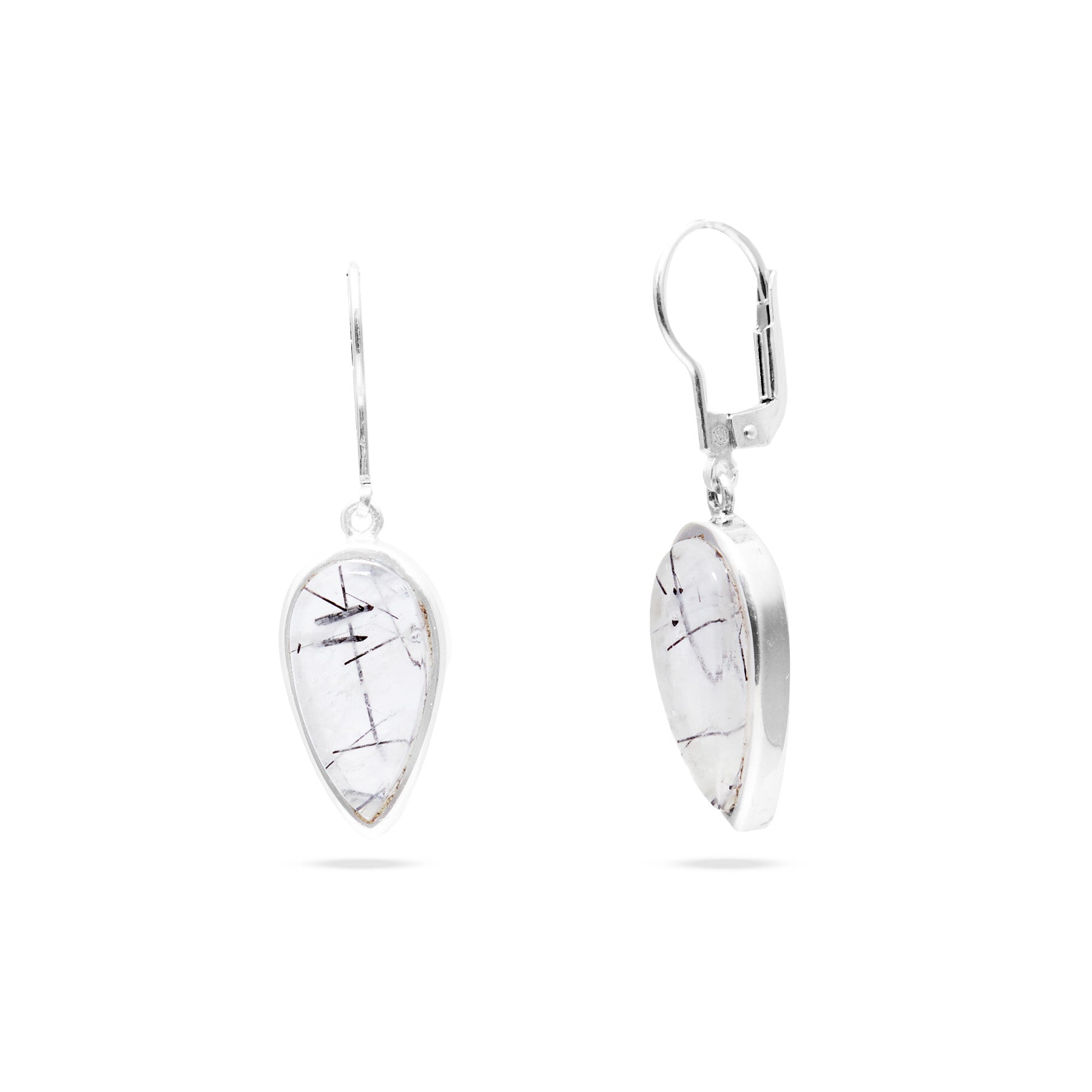 Tourmalinated Quartz cabochon inverted teardrop bezel set Drop Earrings