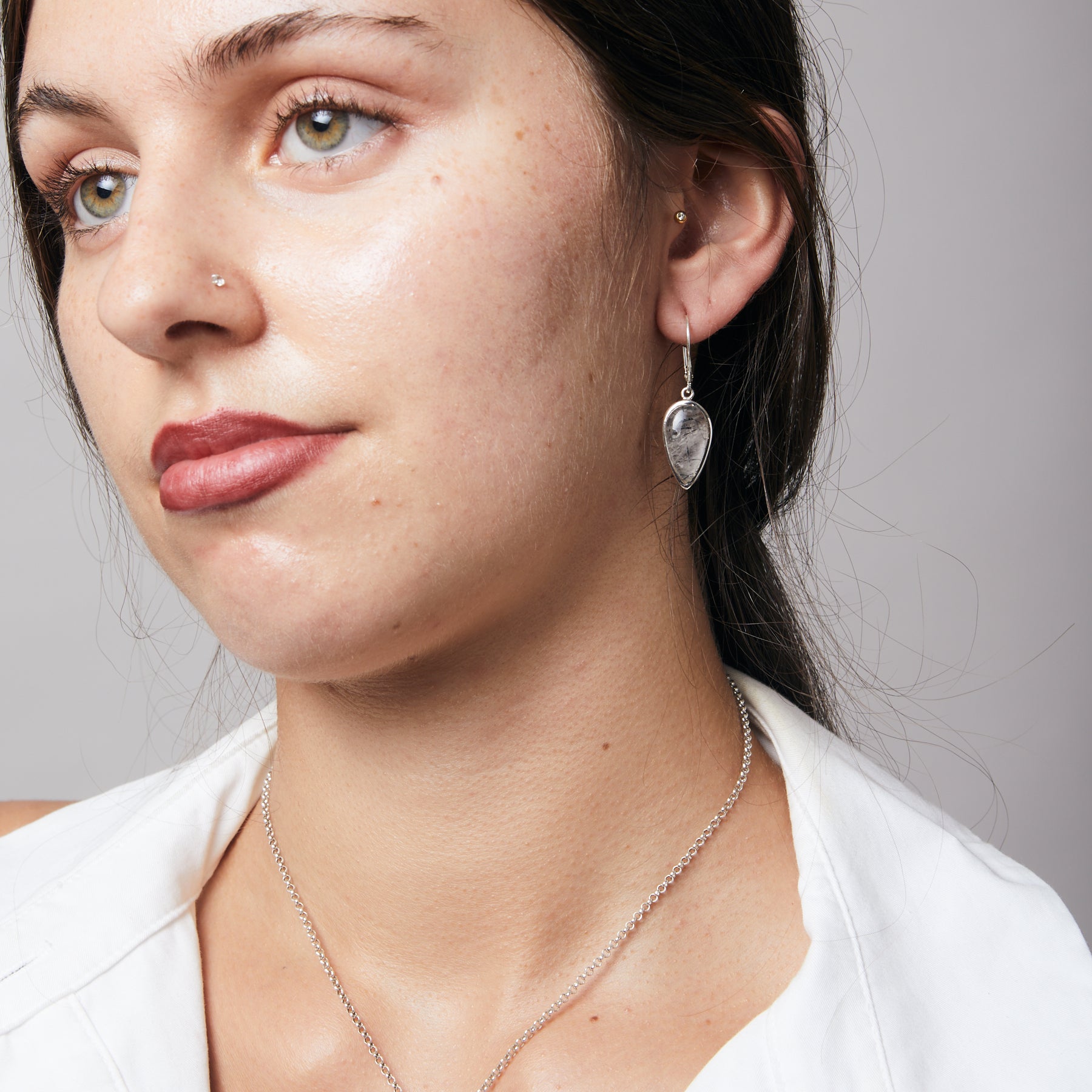 Tourmalinated Quartz cabochon inverted teardrop bezel set Drop Earrings