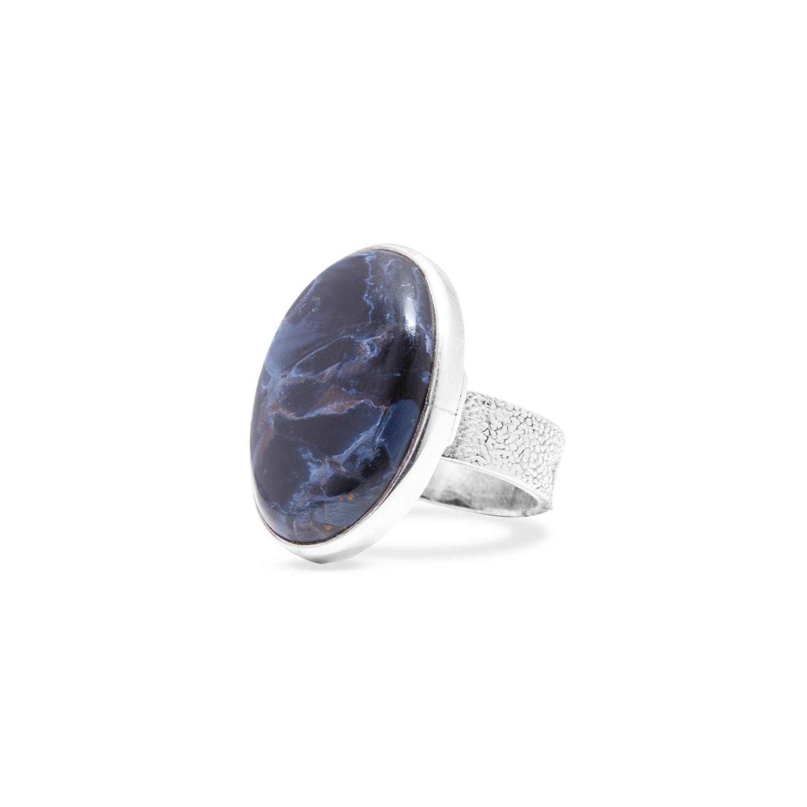 Pietersite cabochon oval bezel set Ring with textured band