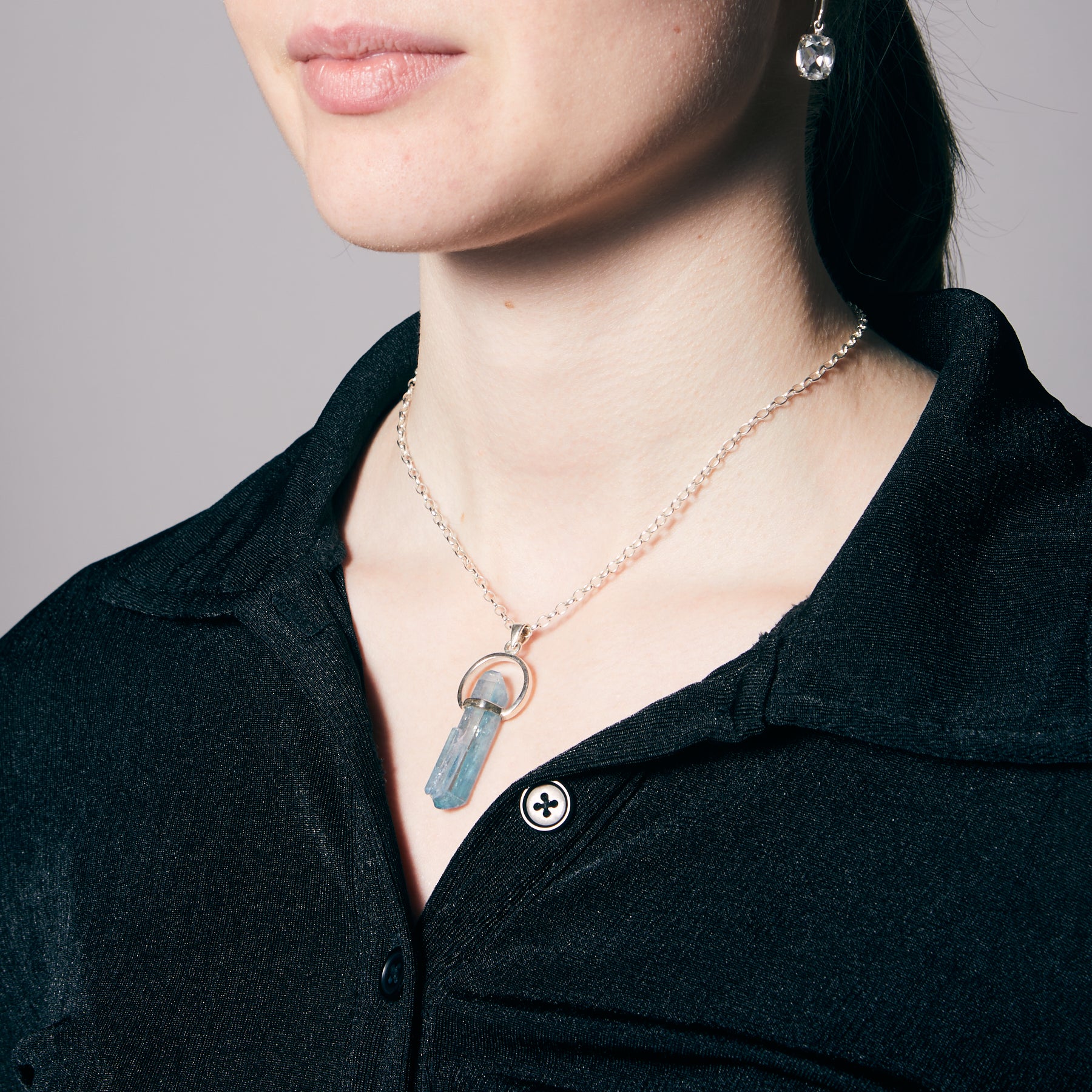 Aqua Aura rough pencil halo Necklace on model